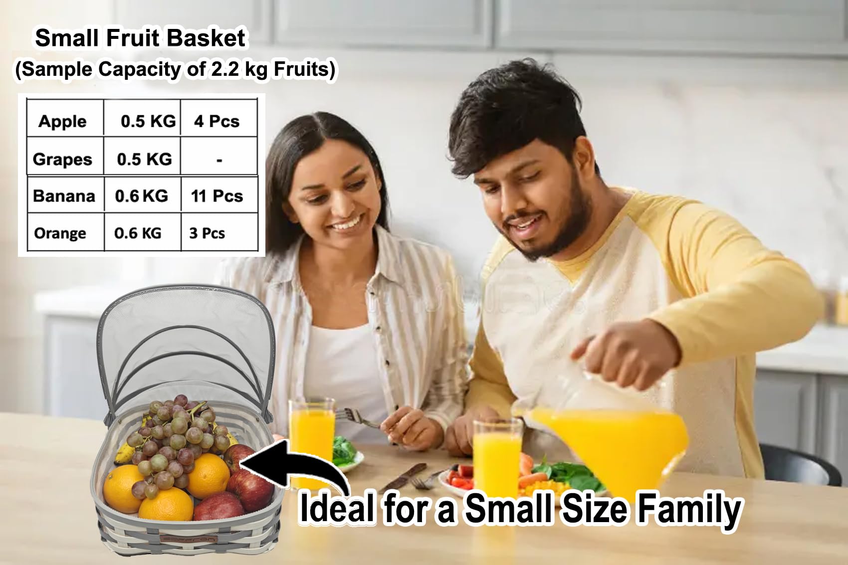 SSaffron Décor Fruit Basket for Dining Table with Lid & Net Cover | Fruits Storage Basket with Net to Protect from Dust, Mosquitoes & Fruit Flies, great gifting option Size : Small (Colour Grey-White) 3