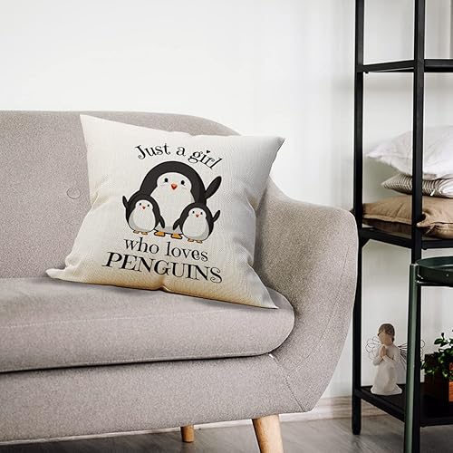 Miniatura 2 de Mancheng-zi Fundas de almohada de pingüinos de 18 x 18 pulgadas, regalos para niñas y mujeres, funda de almohada con la frase "Just a Girl Who Loves