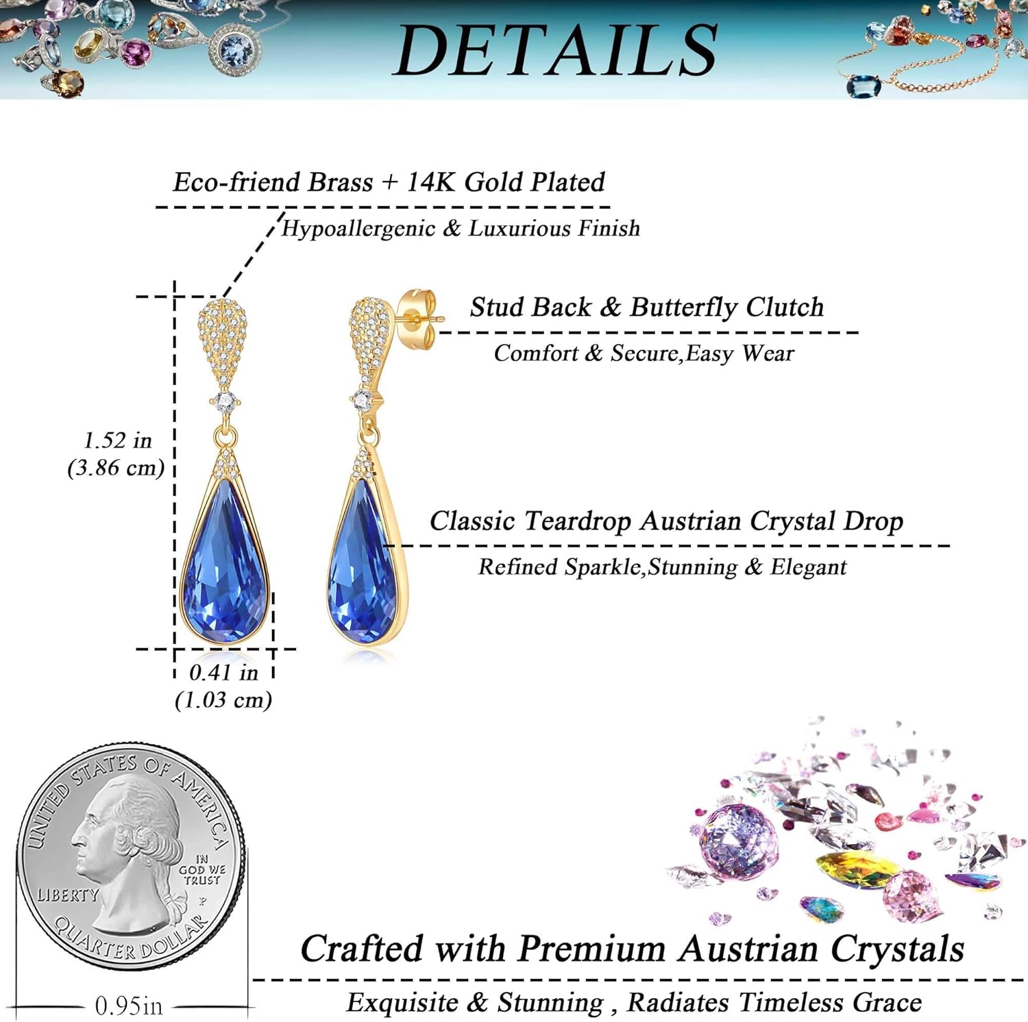 Austrian Crystal Teardrop Dangle Drop Earrings for Women 14K Gold Plated Hypoallergenic Jewelry Gift - Image 4