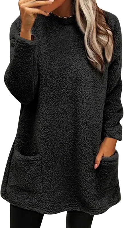 Fall Sweaters for Women 2024 Long Fuzzy Fleece Pullover Trendy Casual Crewneck Sweatshirt Shaggy Coat with Pockets