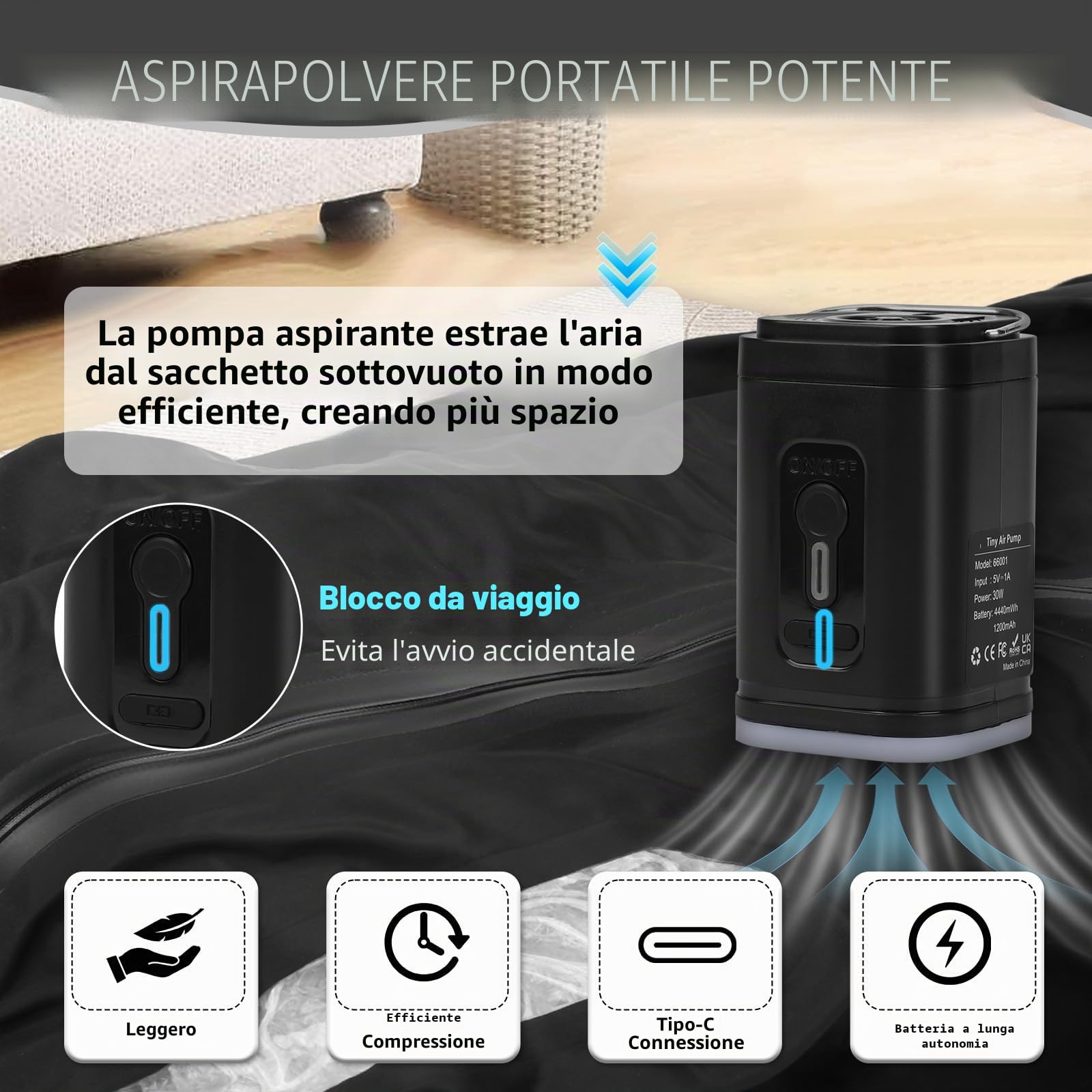 Sacchetti Sottovuoto Professionali da Viaggio con pompa senza fili, Ip67, Riutilizzabili, per Valigie e Zaini, Sacchetto Sottovuoto Salvaspazio, per Viaggi, Leggeri e Durevoli (1PC+Pompa)