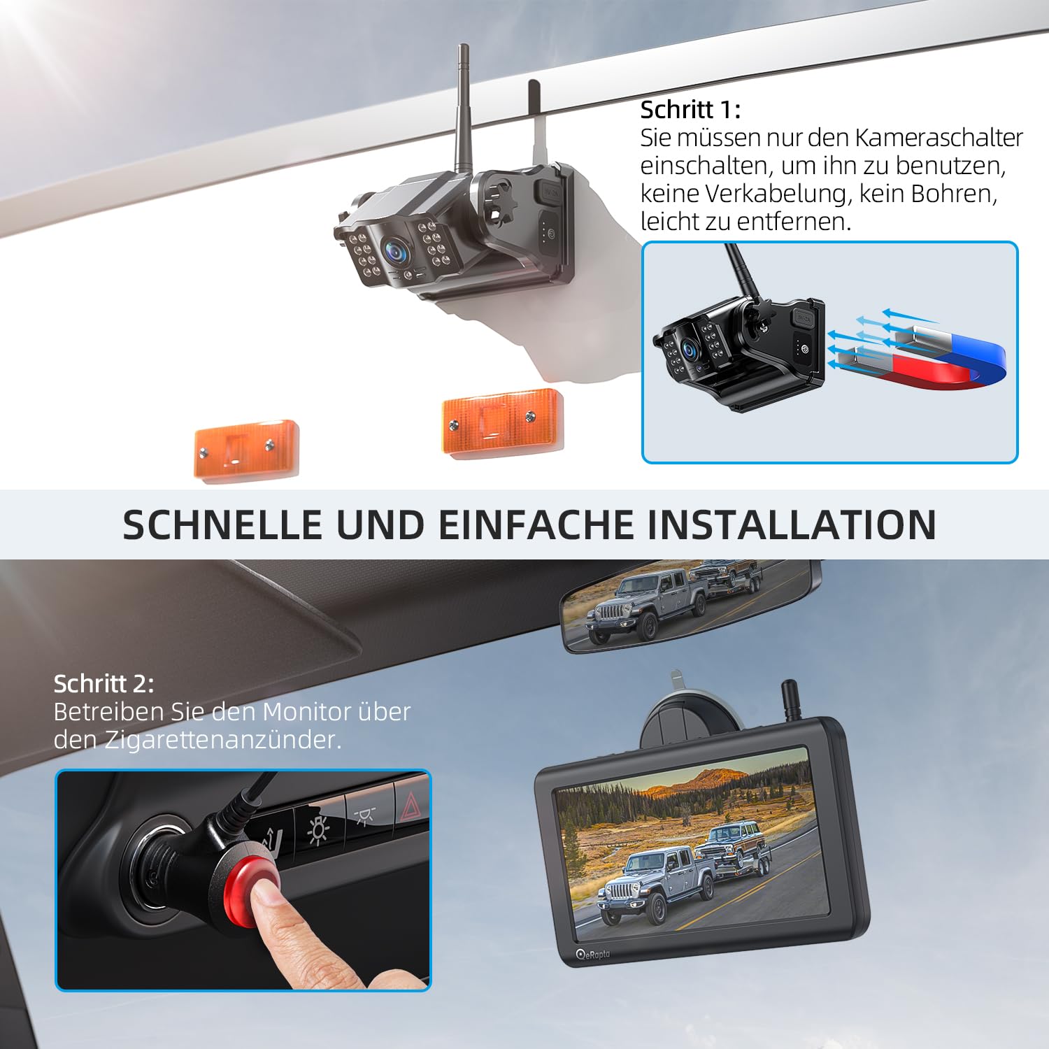 eRapta 5" LCD Kabellos Digital Rückfahrkamera Set, 1080P Monitor, 9600mAh Akku, IP69K Wasserdicht für Auto LKW Van SUV Wohnmobil