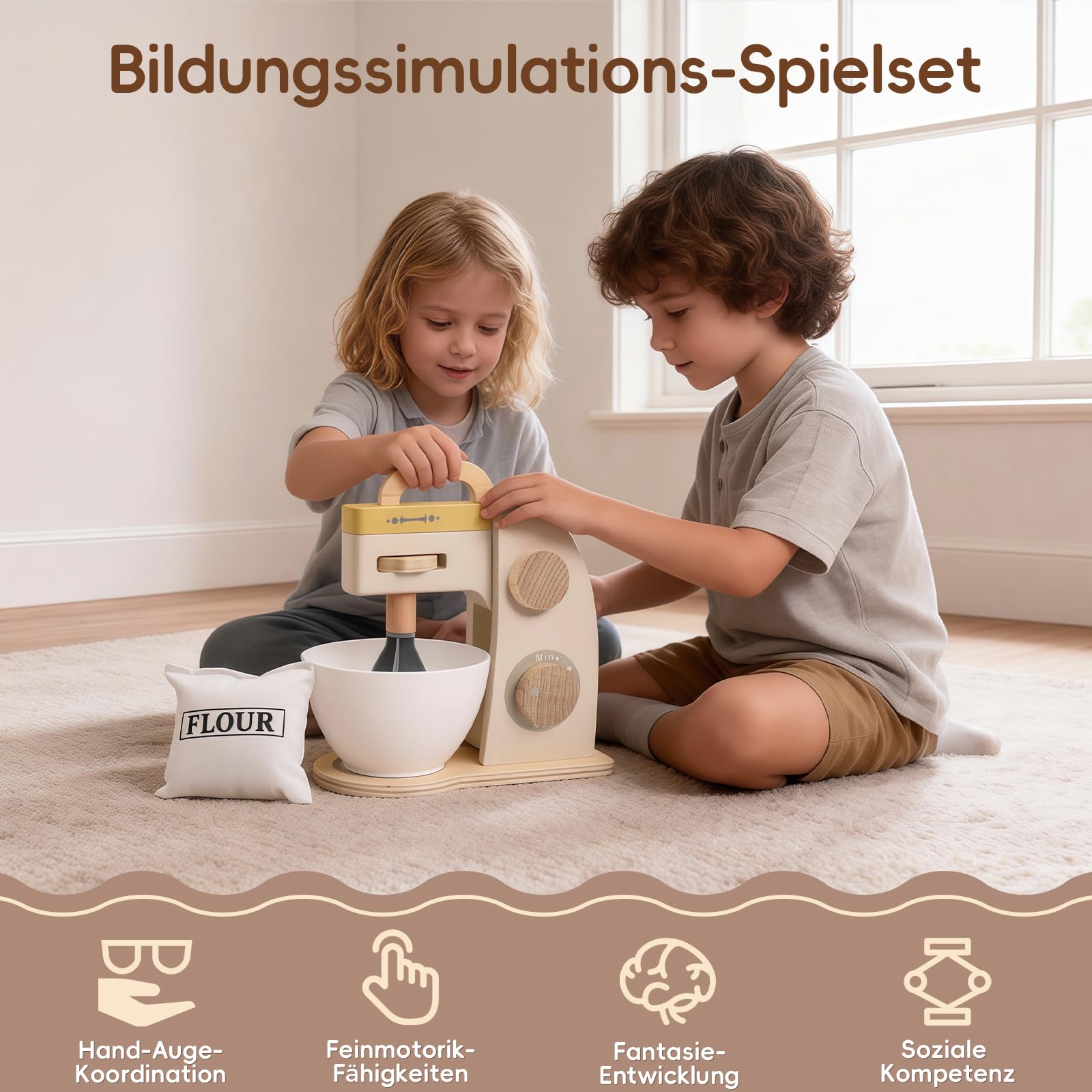 Holz Küchenmixer Spielzeug für Kinder, Kinderküche Zubehör Holz Rollenspiel Set, Spielküche Backmaschine mit Hebearm, Spielzeug für Mädchen & Jungen