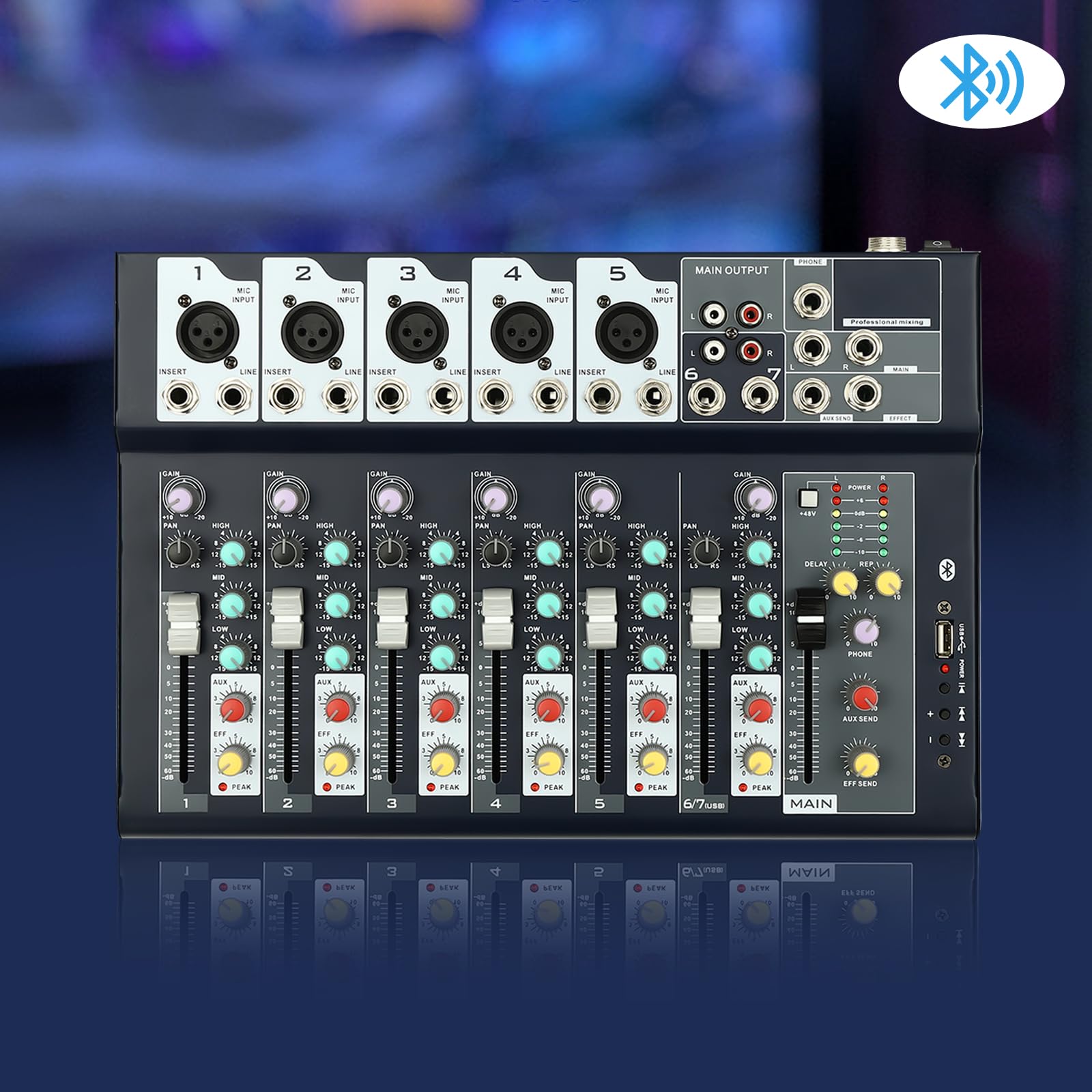 Mezclador profesional, sonido estéreo de 7 canales, consola mezcladora, mesa de mezcla en vivo, profesional con USB Bluetooth, consola DJ Audio Sound Mixer para karaoke, canto, KTV doméstico, estudios