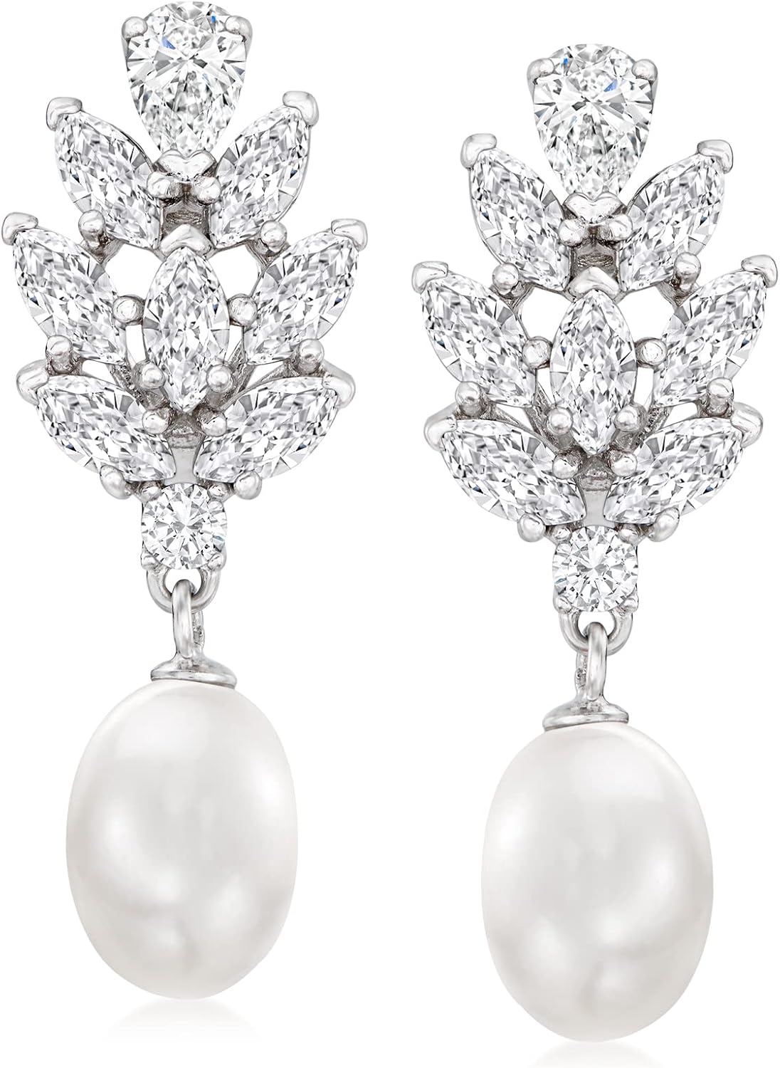 Ross-Simons 8-8.5mm Cultured Pearl and 3.30 ct. t.w. CZ Drop Earrings in Sterling Silver