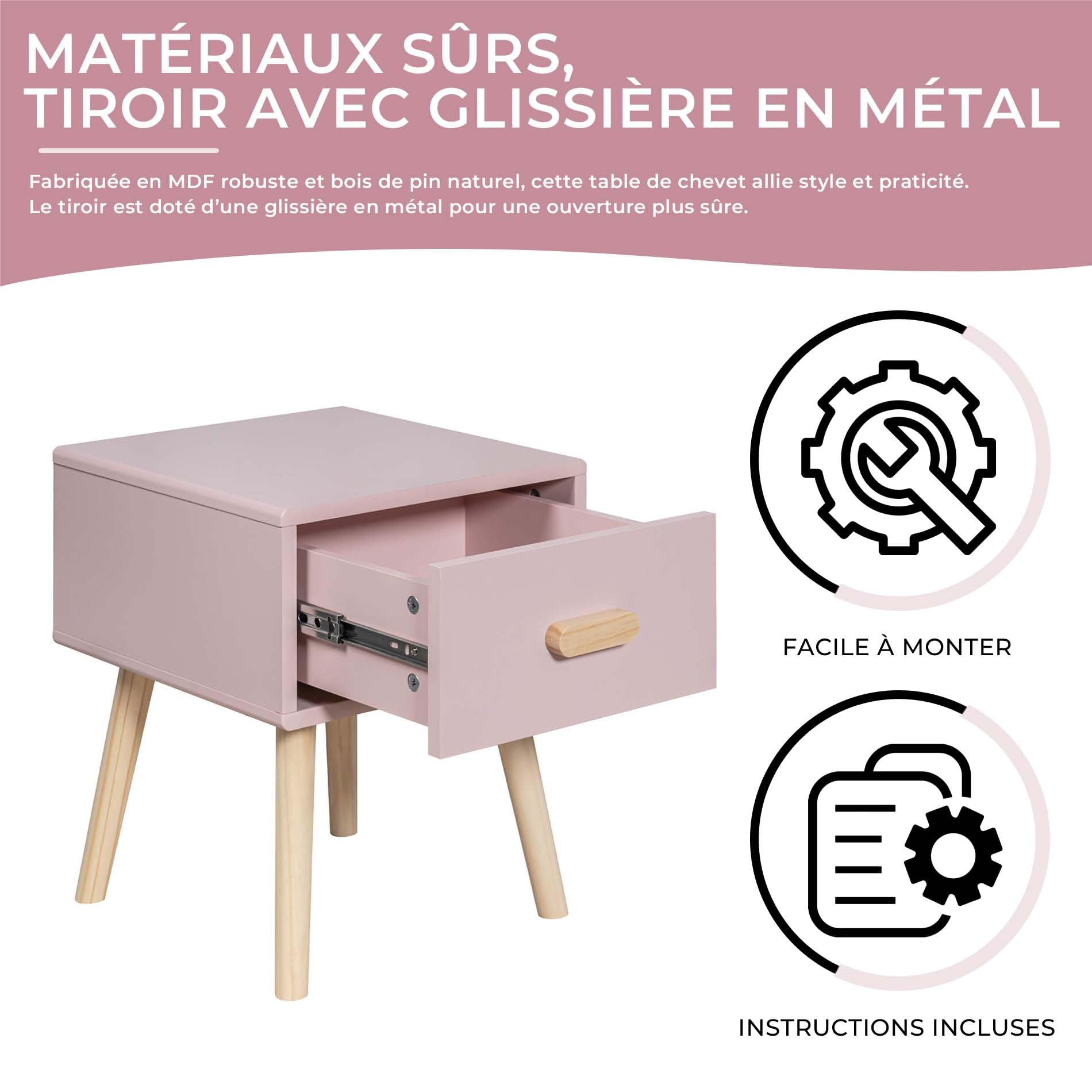 Rebecca Mobili Table de Chevet pour Enfants, Mobilier pour Chambre d'enfant, Rose Marron, Pin MDF, avec 1 Tiroir avec Guides, Gain de Place - Dimensions HxLxP: 44 x 35 x 35 cm - Art. RE6977
