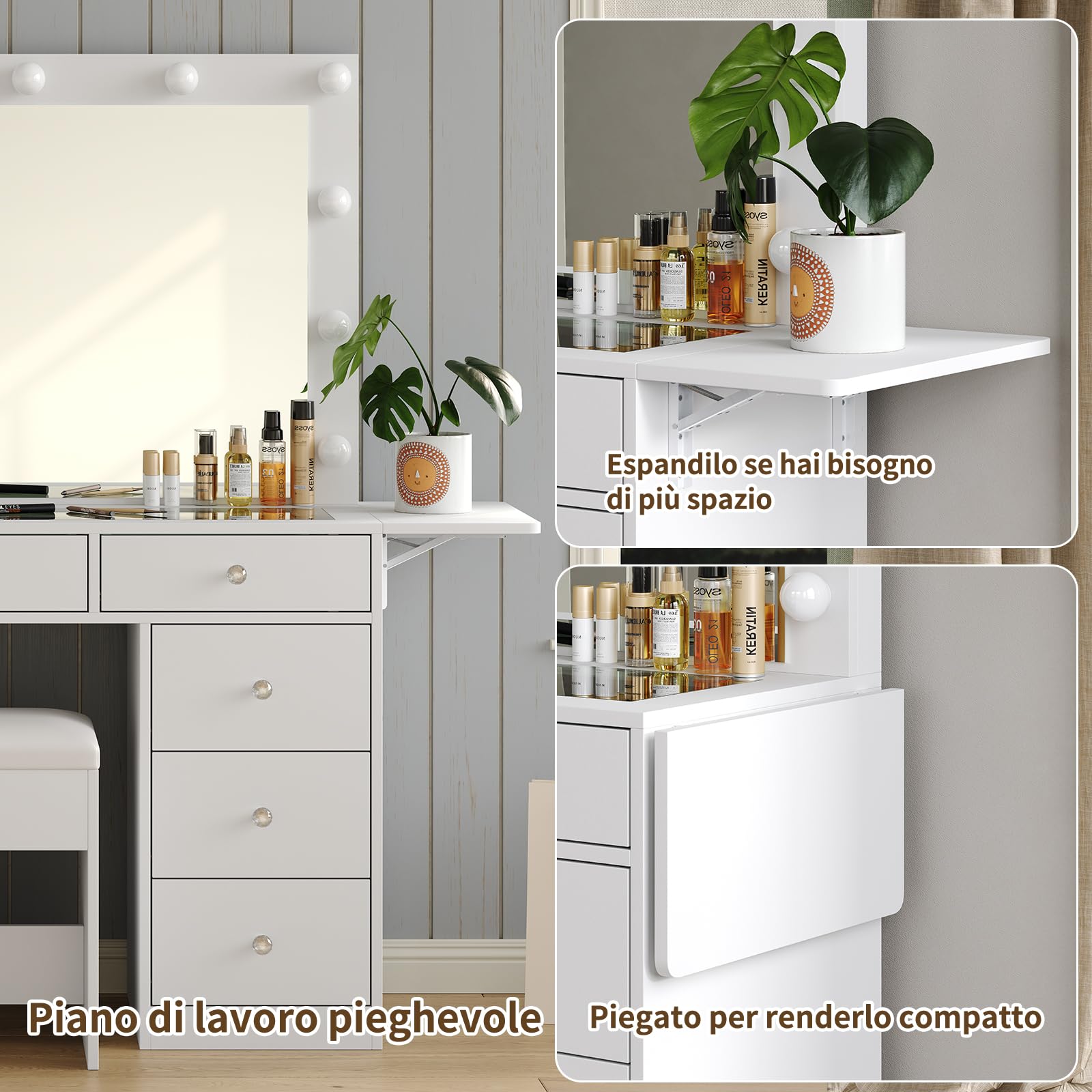 Yanosaku Tavolo Toeletta con Specchio e 12 Luci LED, Vanity con 9 Cassetti e Pannello Ribaltabile, Porte USB, Prese, Sedia Inclusa, 3 Modalità di Illuminazione Regolabile, Bianco