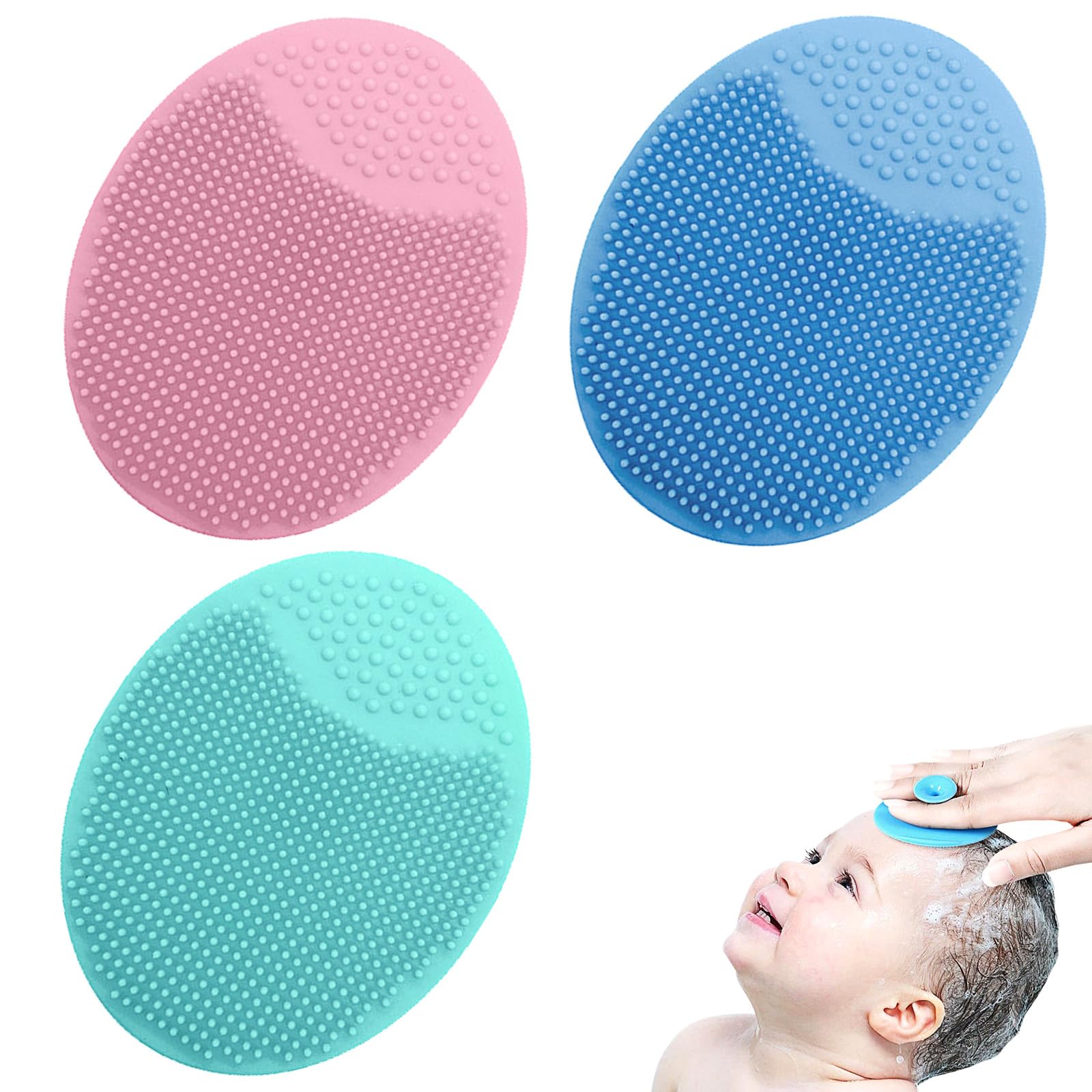Brosse de bain pour bébé, set de 3 brosses de massage rondes, brosse de massage en silicone, brosse exfoliante en silicone, pour les peaux sèches, les croûtes de langes et l'eczéma (bleu, vert, rose)