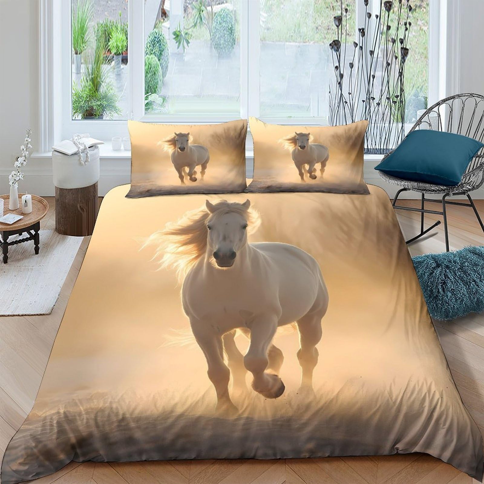 Ctjqhvkz Style-3 3D Printed Running White Horse Fitted Sheet Microfiber Soft Non-Slip Bed Sheet For Bedroom Guestroom Decor Machine Washable Single（135X200cm）