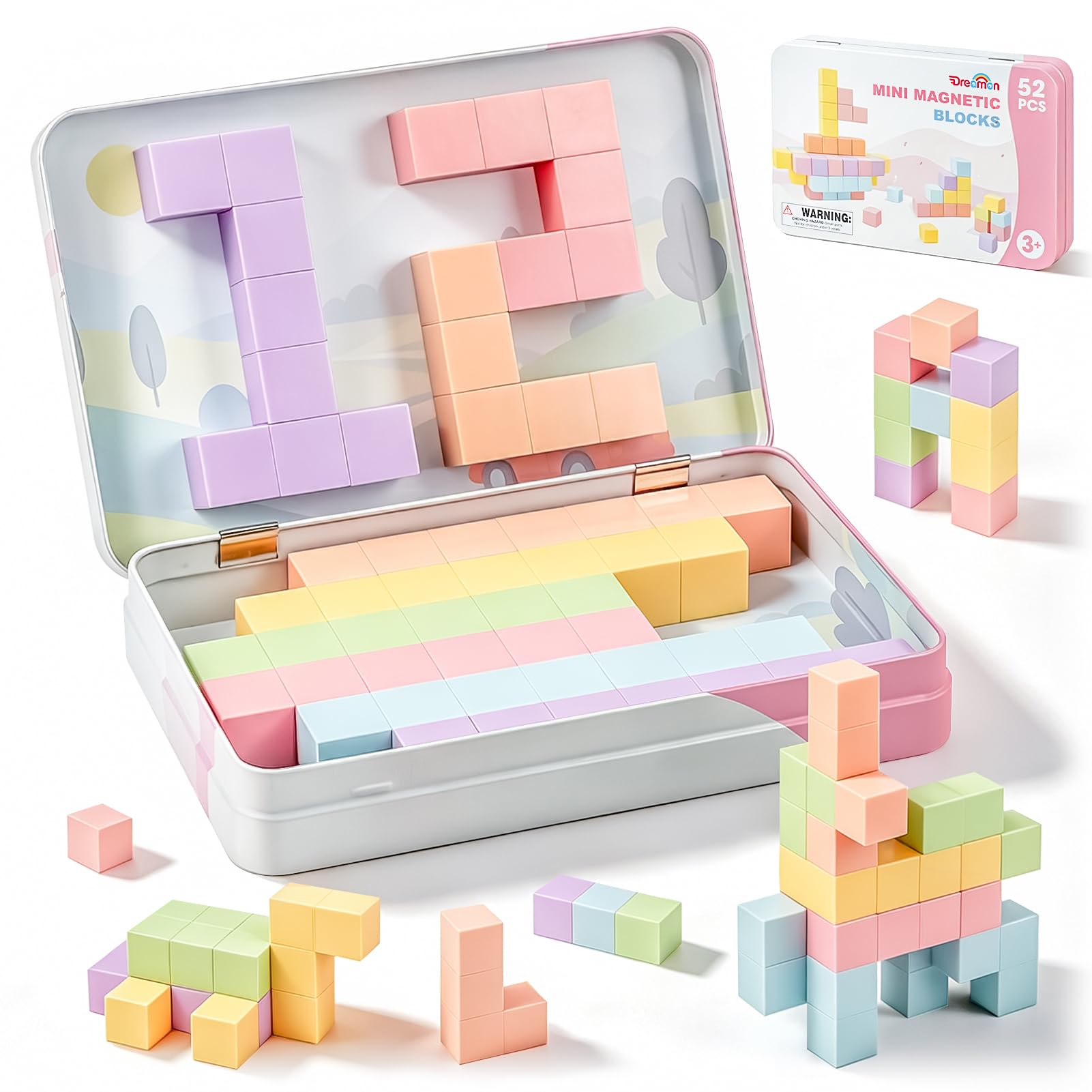 Dreamon 52PCS Mini Magnetic Blocks Travel Magnetic Building Blocks for Kids with Tin Box Magnet Cubes Tiles Montessori STEM Toy Girls Toddlers Boys Gifts Aged 3 4 5 6 Years Old