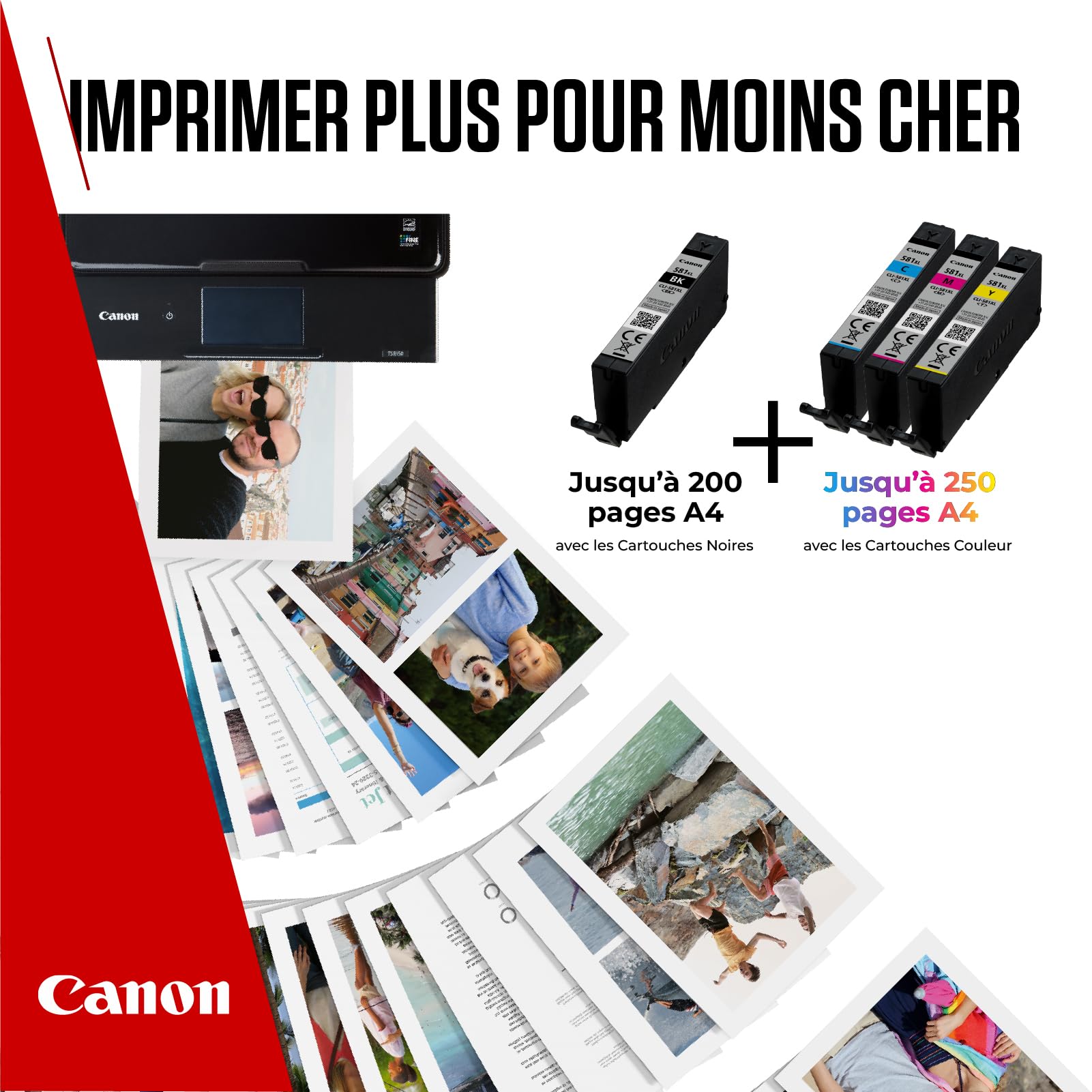 Canon CLI-581XL Lot de 4 Cartouches d'encre Authentiques à Haut rendement (Noir, Cyan, Magenta, Jaune) ; Comprend 50 Feuilles de Papier Photo 10 x 15 cm – Multipack en Carton