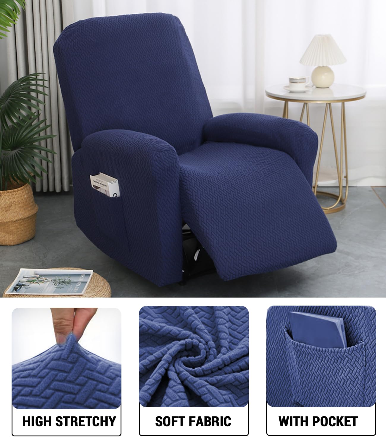 Copripoltrona Relax Reclinabile Elettrica Universale, Blu Navy Jacquard Fodere per Poltrona Relax 1 Posto, Elasticizzato Copridivano Reclinabile con Tasca Rimovibile