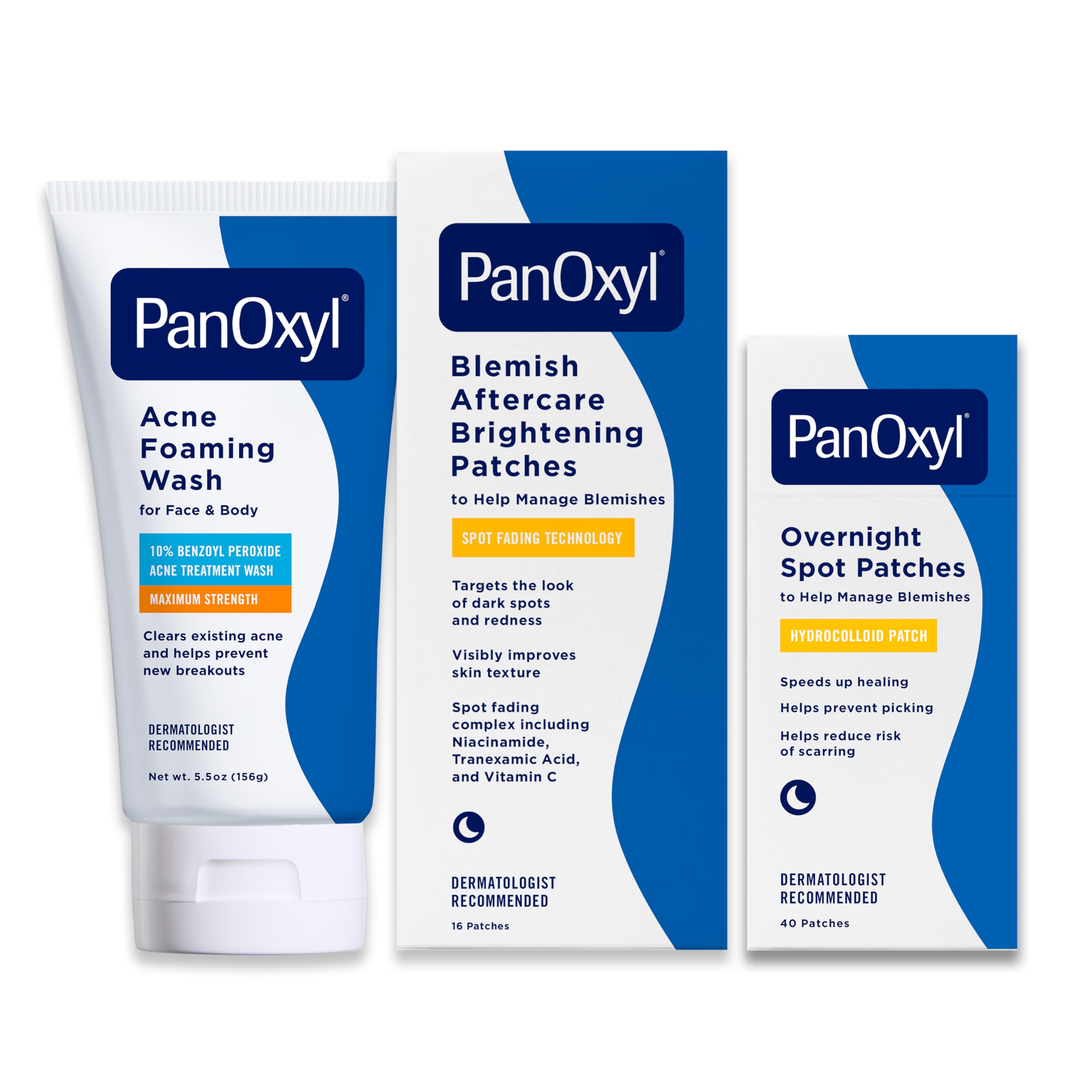 PanOxyl Pimple Patch Bundle - Acne Foaming Wash Benzoyl Peroxide 10 PM Overnight Spot Patches Blemish Brightening Patches