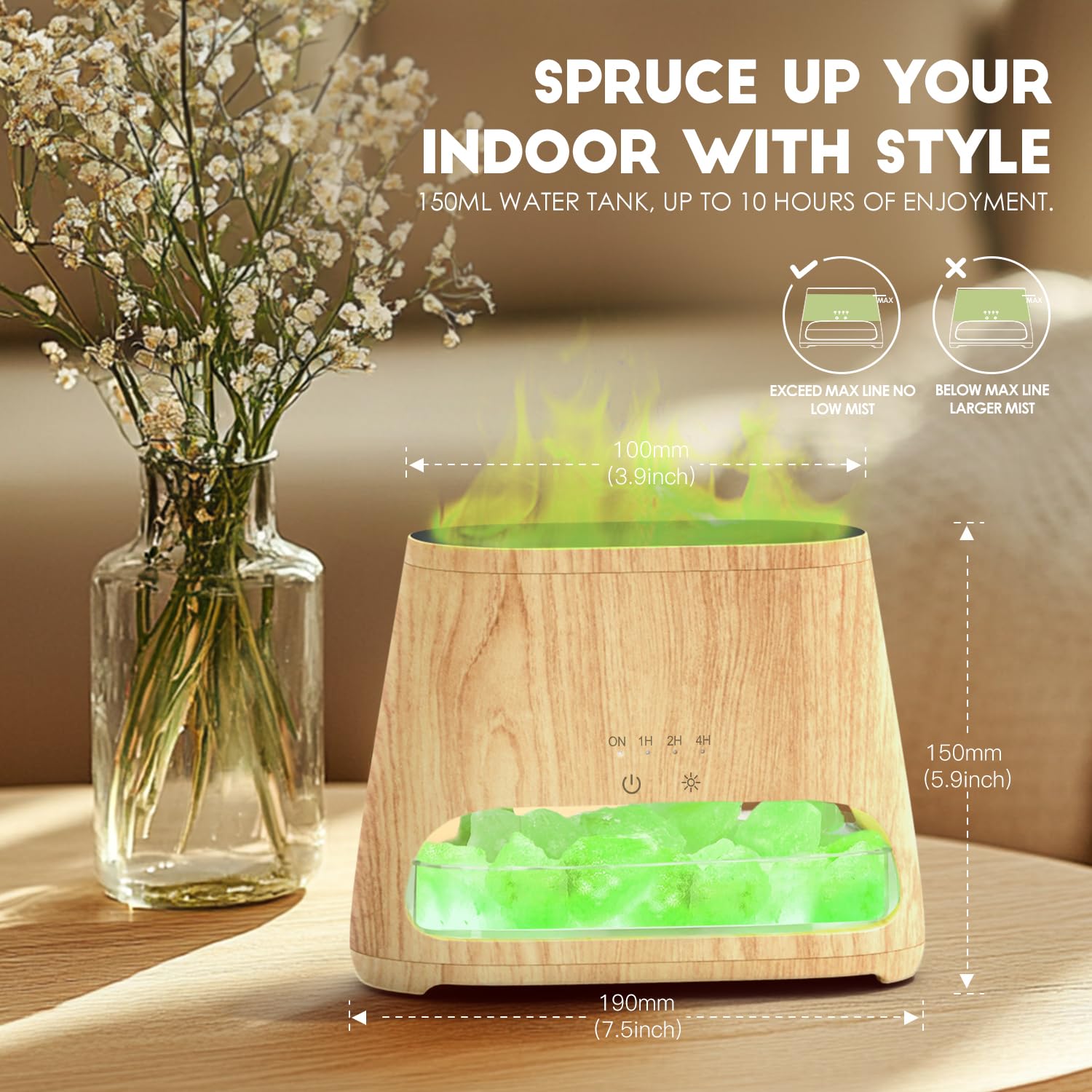 SALKING Aroma Diffuser mit Salt Range Pakistan Leuchte, 7 Farben LED Flammeneffekt Diffusor für ätherische Öle, Ultraschall Aromatherapie Luftbefeuchter, Automatisch Abschalten,150ml(RGB Dunkle