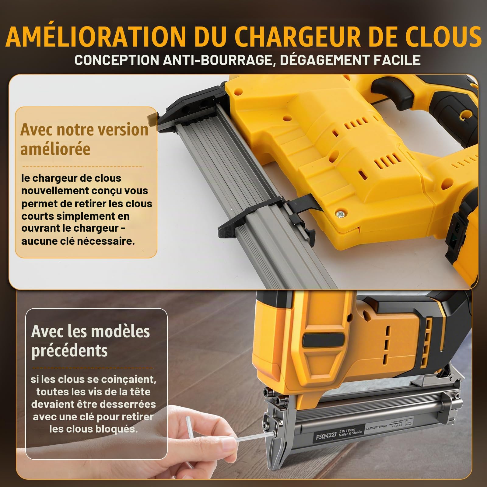 Cloueuse sans fil 18GA améliorée compatible avec la batterie Dewalt 20V, agrafeuse électrique sans balais avec 1000 clous et 1000 agrafes pour la rénovation, le bricolage et le travail du bois