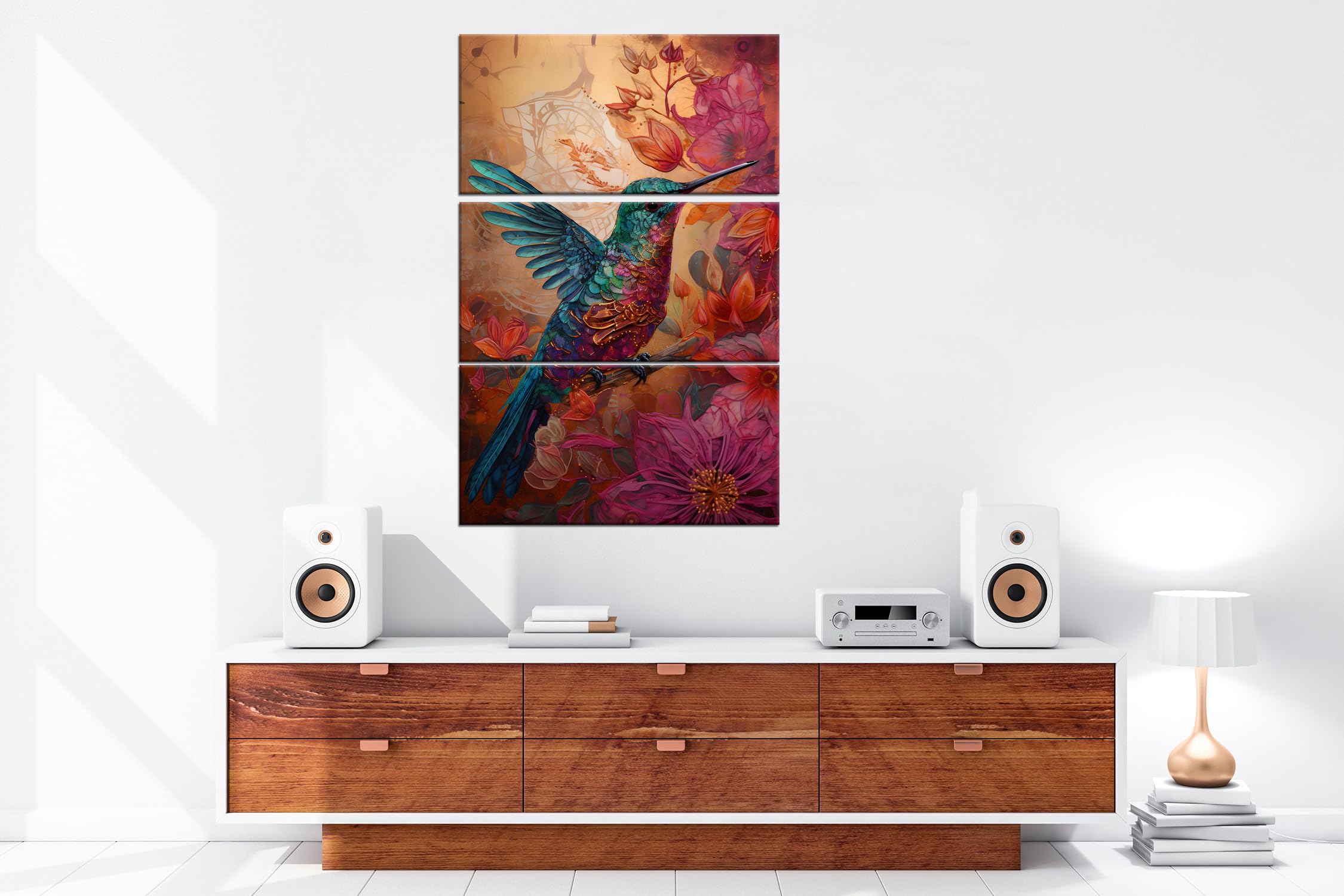 deyoli Colibri aux couleurs irisées, encadré par la magie des fleurs, format : 120 x 80 cm (3 pièces) Impression d'art XXL sur cadre en bois / toile / décoration murale / décoration de salon
