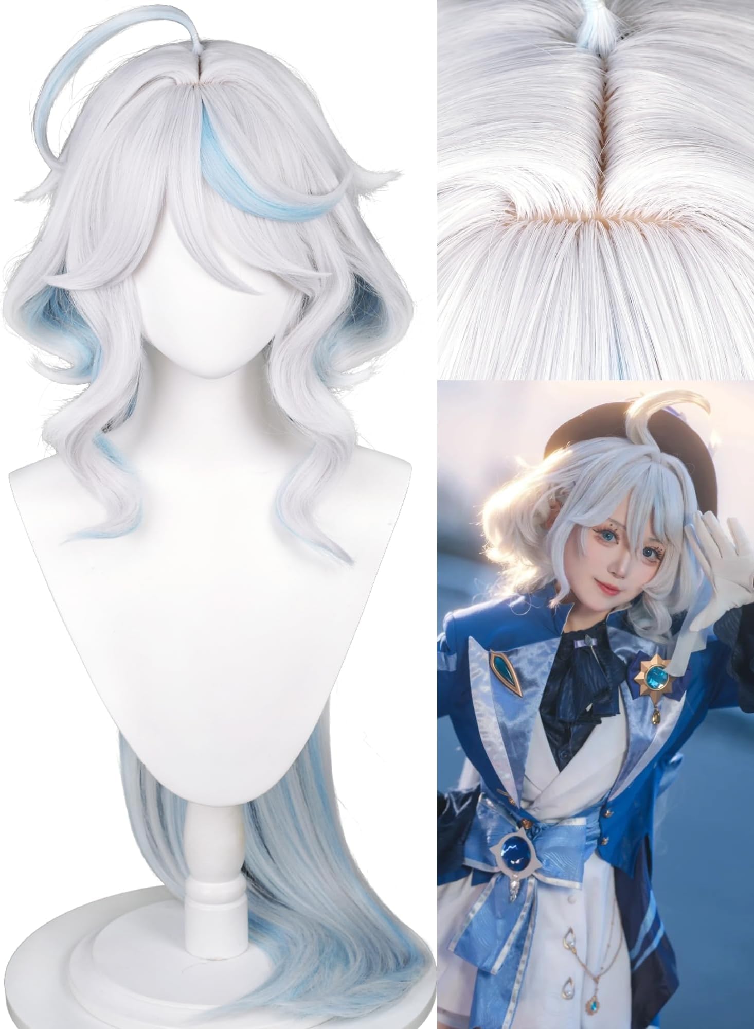 Furina Cosplay Wig 39'' Long Curly White Mixed Blue Anime Wigs for Women