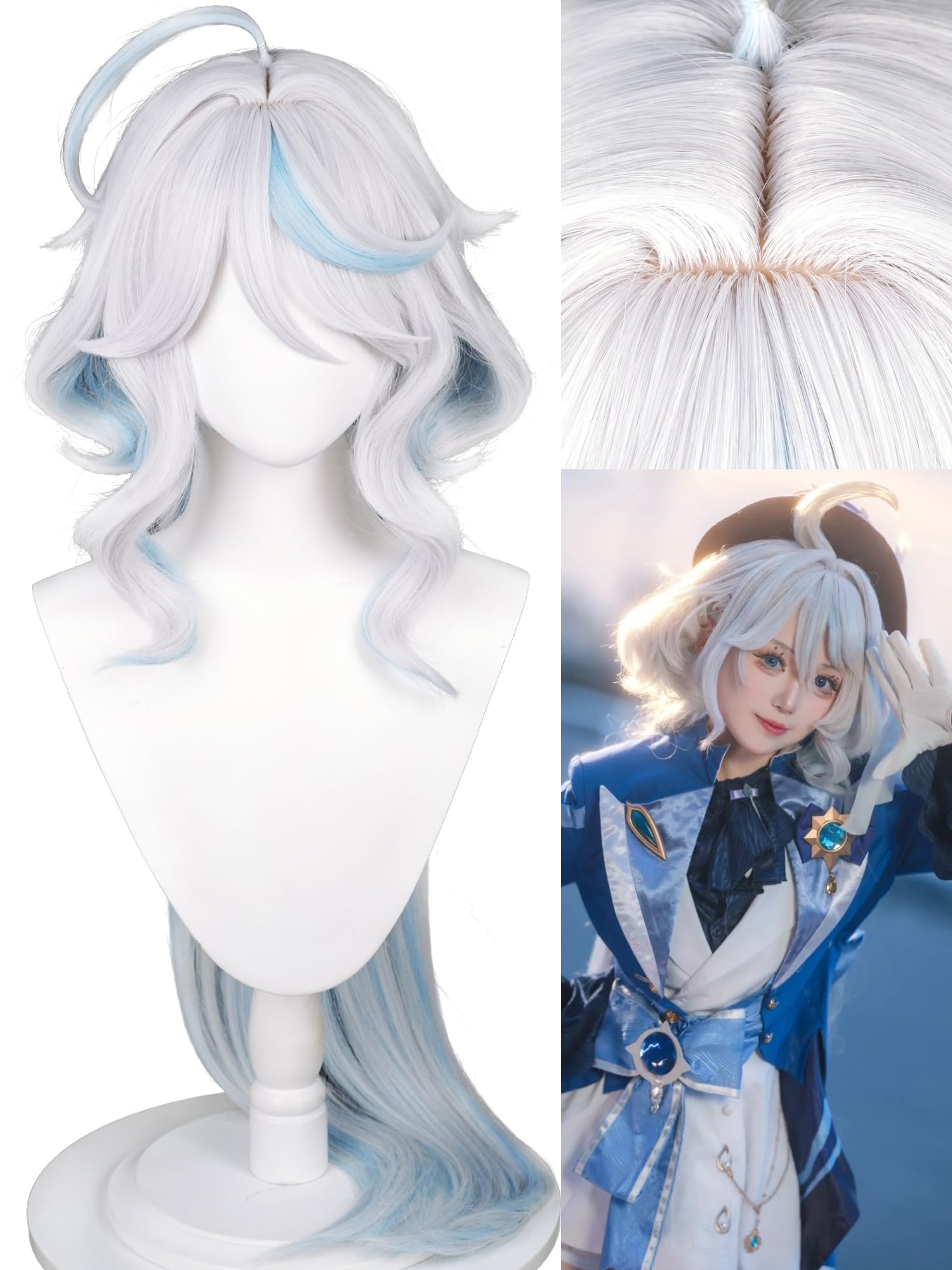 Half and Half Furina Cosplay Wig Fontain Focalors Costume Wigs 39'' Long Curly Wave Synthetic Hair for Women Halloween Costumes Party