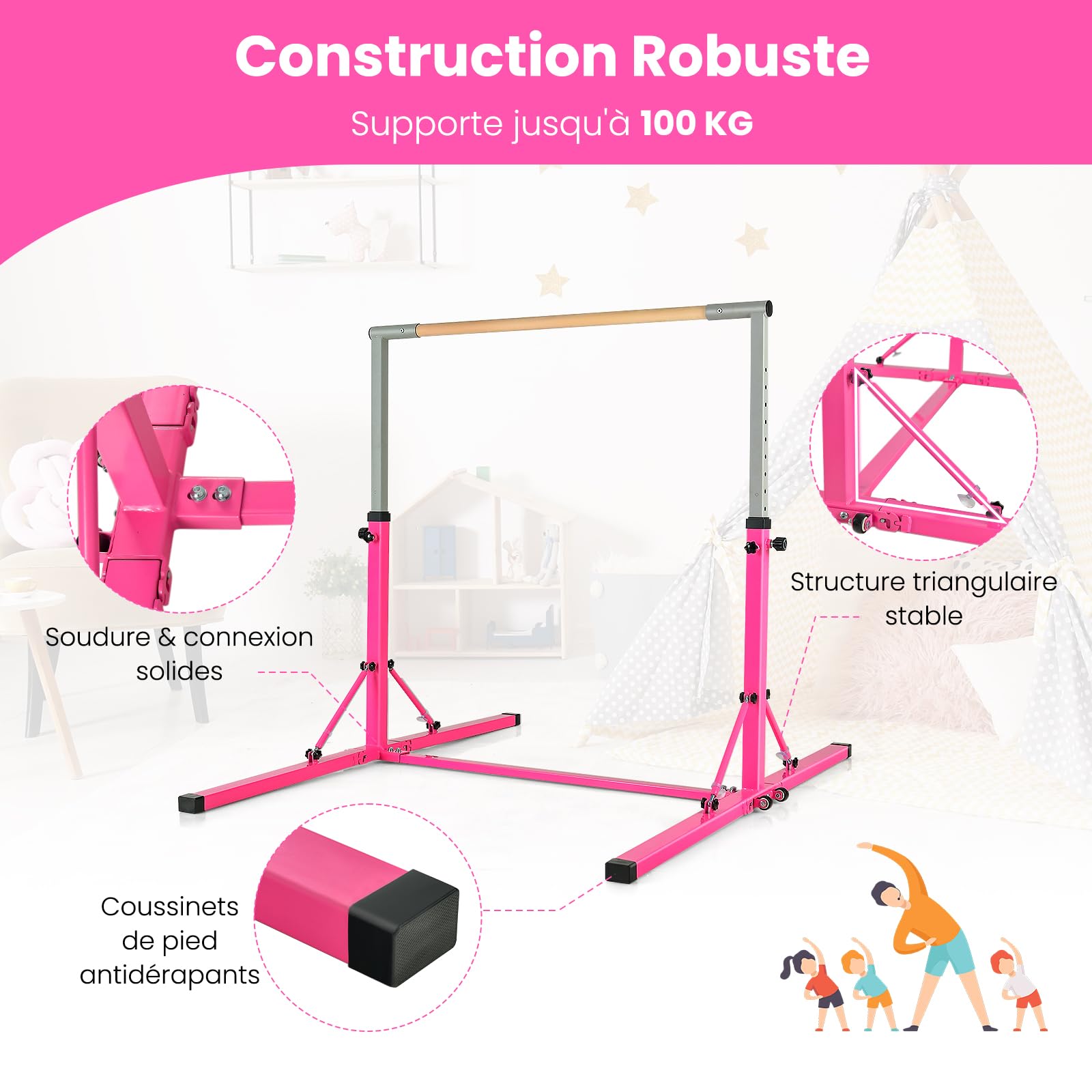 GOPLUS Barra de entrenamiento de gimnasia de acero, barra horizontal altura ajustable de 94 a 150 cm, capacidad de peso 100 kg, ideal para ejercicios en interiores, escuela, hogar, jardín