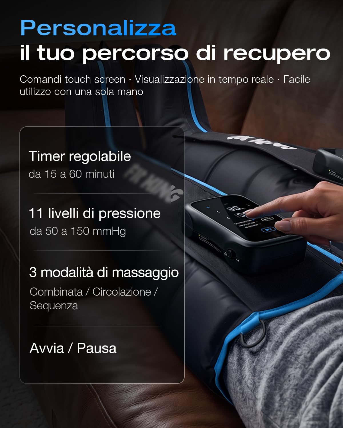 FIT KING Massaggiatore Gambe Senza Fili Sincronizzazione Bluetooth (S) | Pressoterapia Gambe 5 Zone di Compressione, Batteria 3-6h, 12 Intensità, Sollievo Dall’edema, Riduzione dei Dolori Muscolari