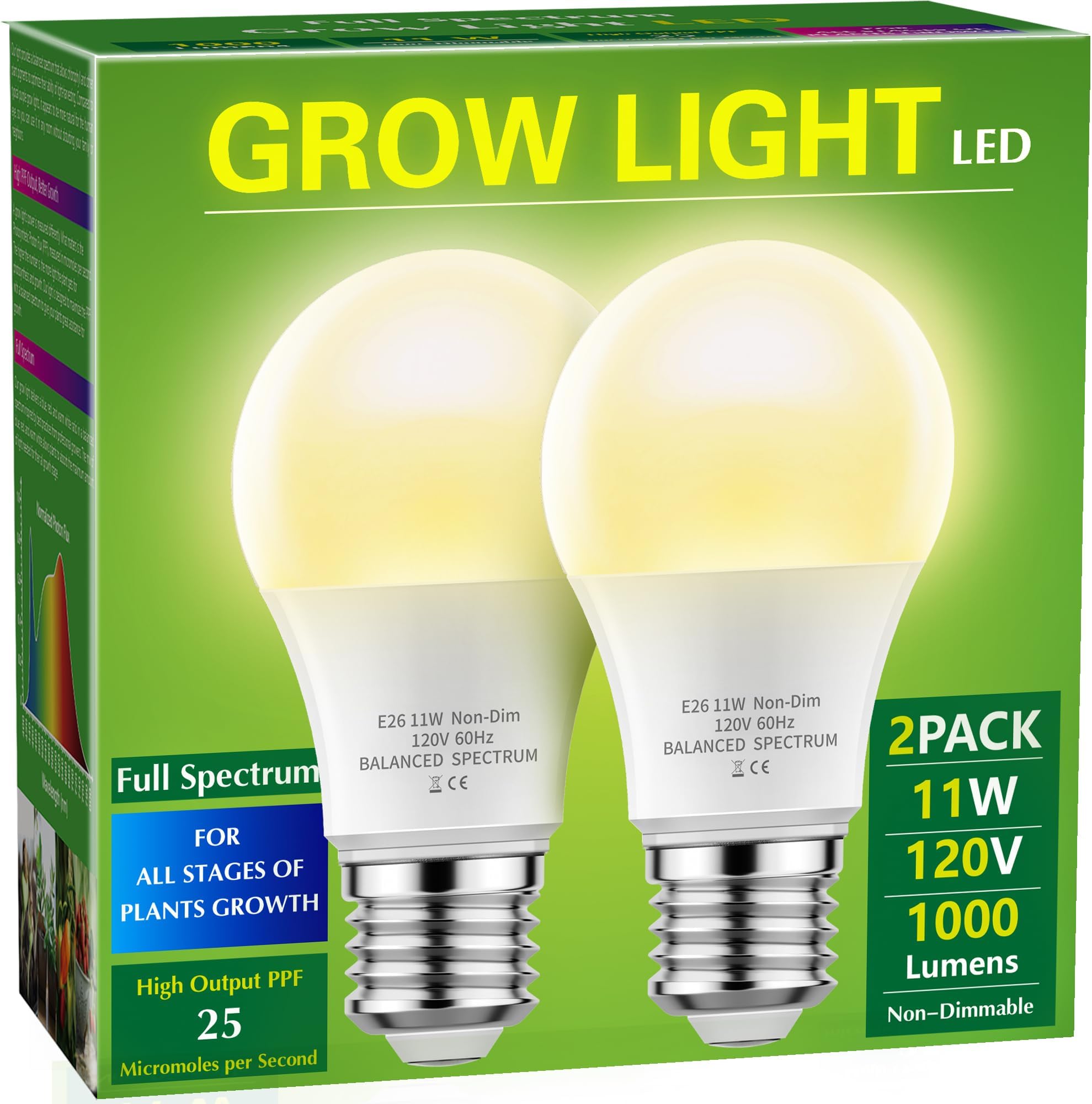 LED Grow Light Bulb A19 Bulb, Grow Light Bulbs, Full Spectrum Grow Light Bulb, E26 Base, 11W Grow Bulb 100W Equivalent, Plant Light Bulbs for Indoor Growing, Seed Starting, 2Pack