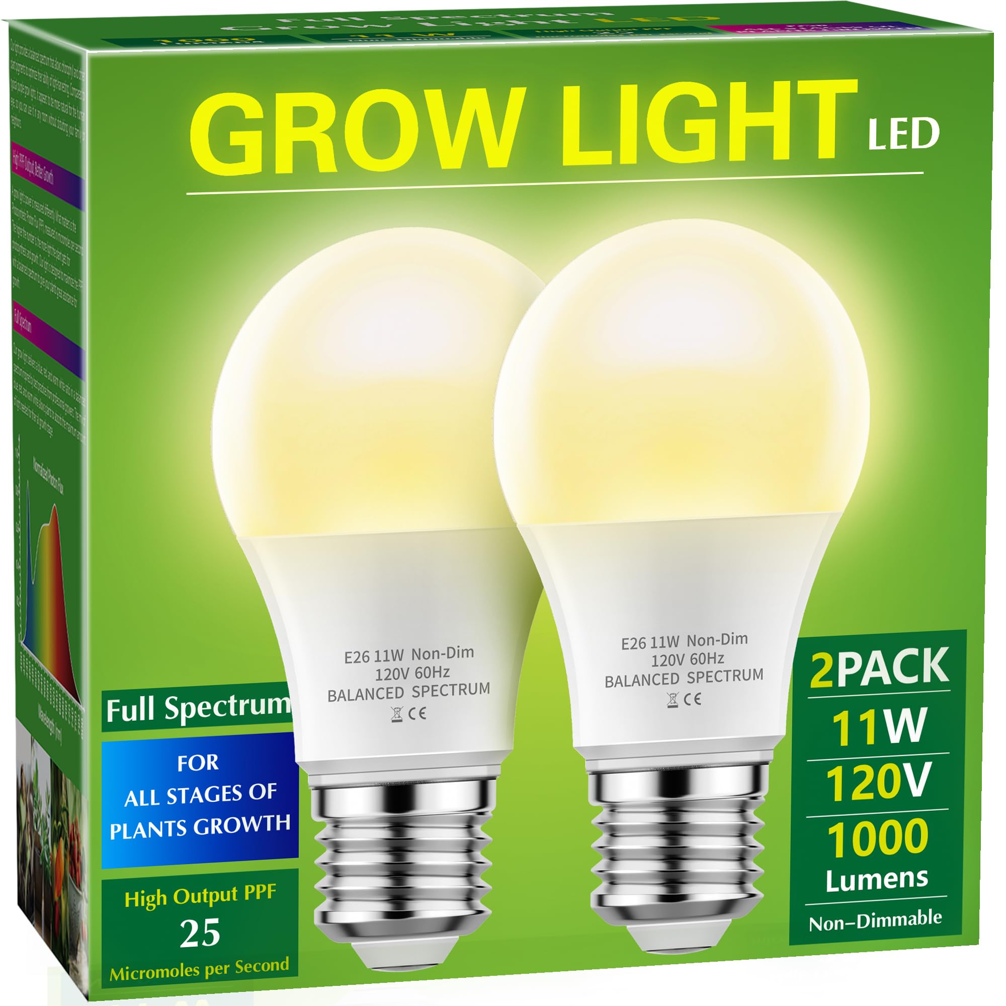 LED Grow Light Bulb A19 Bulb, Grow Light Bulbs, Full Spectrum Grow Light Bulb, E26 Base, 11W Grow Bulb 100W Equivalent, Plant Light Bulbs for Indoor Growing, Seed Starting, 2Pack