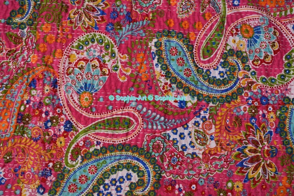 Sophia Art Indiase handgemaakte paisley print kingsize Kantha quilt, deken, bedsprei, Boheems beddengoed - maat 228 x 274 cm (grijs