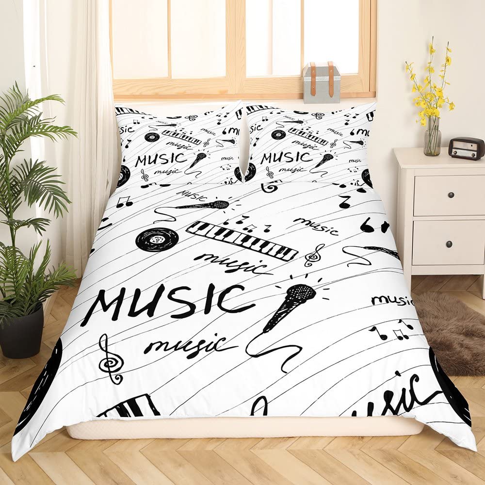 Loussiesd Set di biancheria da letto con note musicali in bianco e nero, per ragazzi e ragazze, con copripiumino e microfono in vinile, per letto singolo