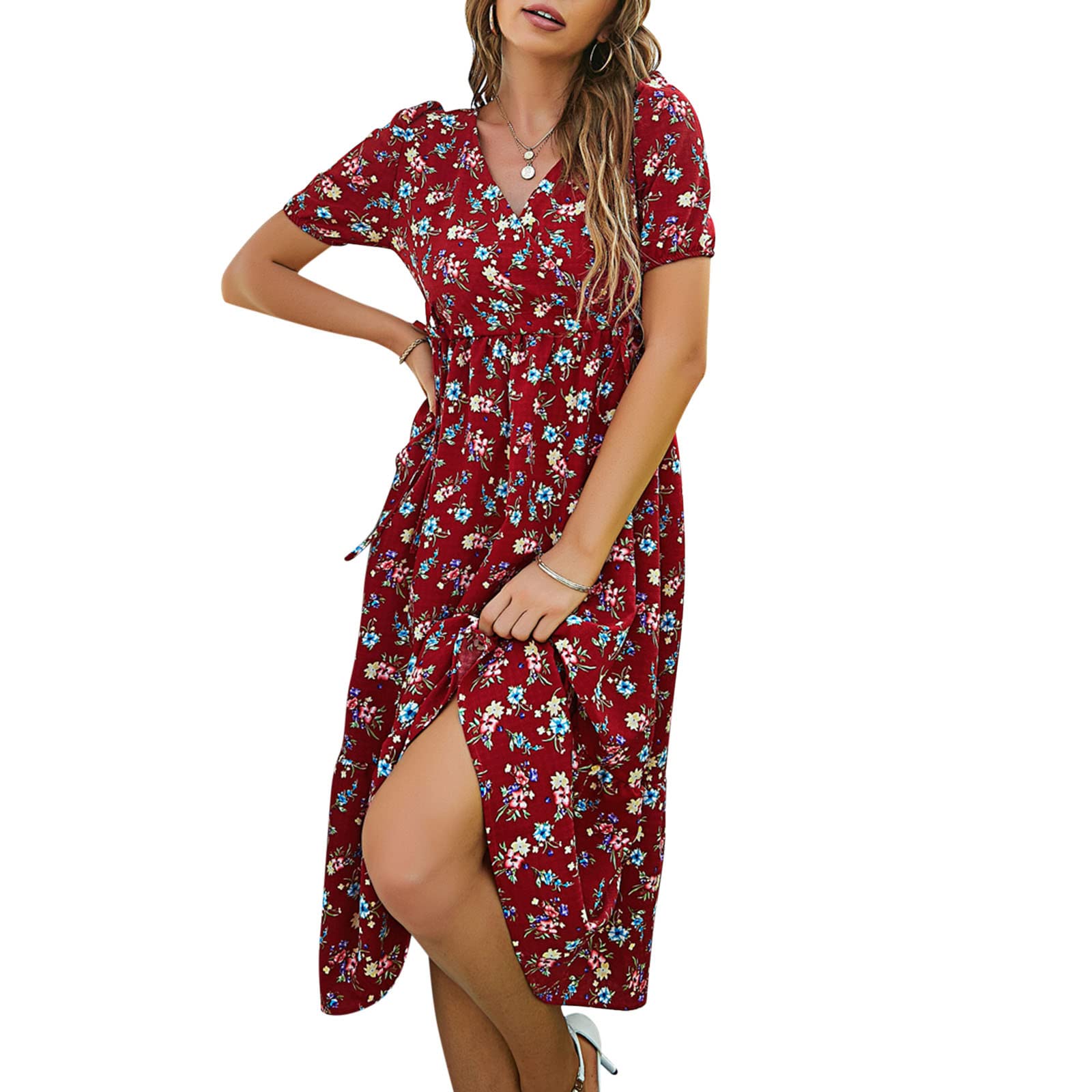 Generico Hawaii-Kleid mit Blumen für Damen, elegantes kurzärmeliges Kleid mit Schnürung, hohe Taille, V-Ausschnitt, mit Blumendruck, lockere und leichte Kleidung, Freizeitkleid für den Urlaub