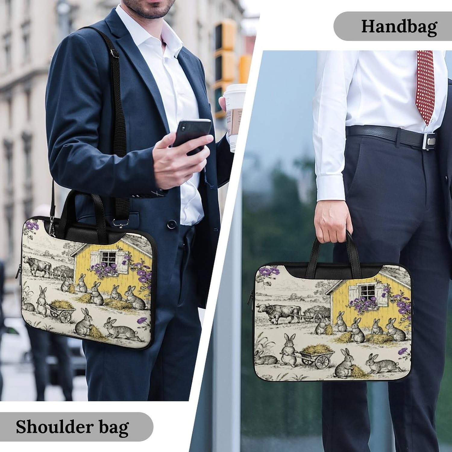 Hop Bloom Bunny Toile 37x28cm Black-style Laptop Bag Leather Tablet Computer Briefcase Large Capacity Work Business Tote Bags for Office