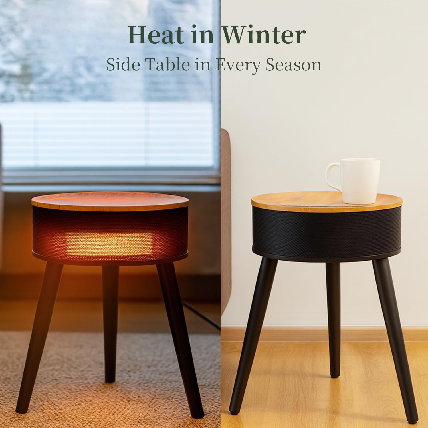 Space Heater, 1500W PTC Ceramic Side Table Heaters for Indoor Use, Electric Heater with Remote, LED Light, ECO Mode, Oscillation, 12H Timer, Overheat & Tip-Over Protection, Black