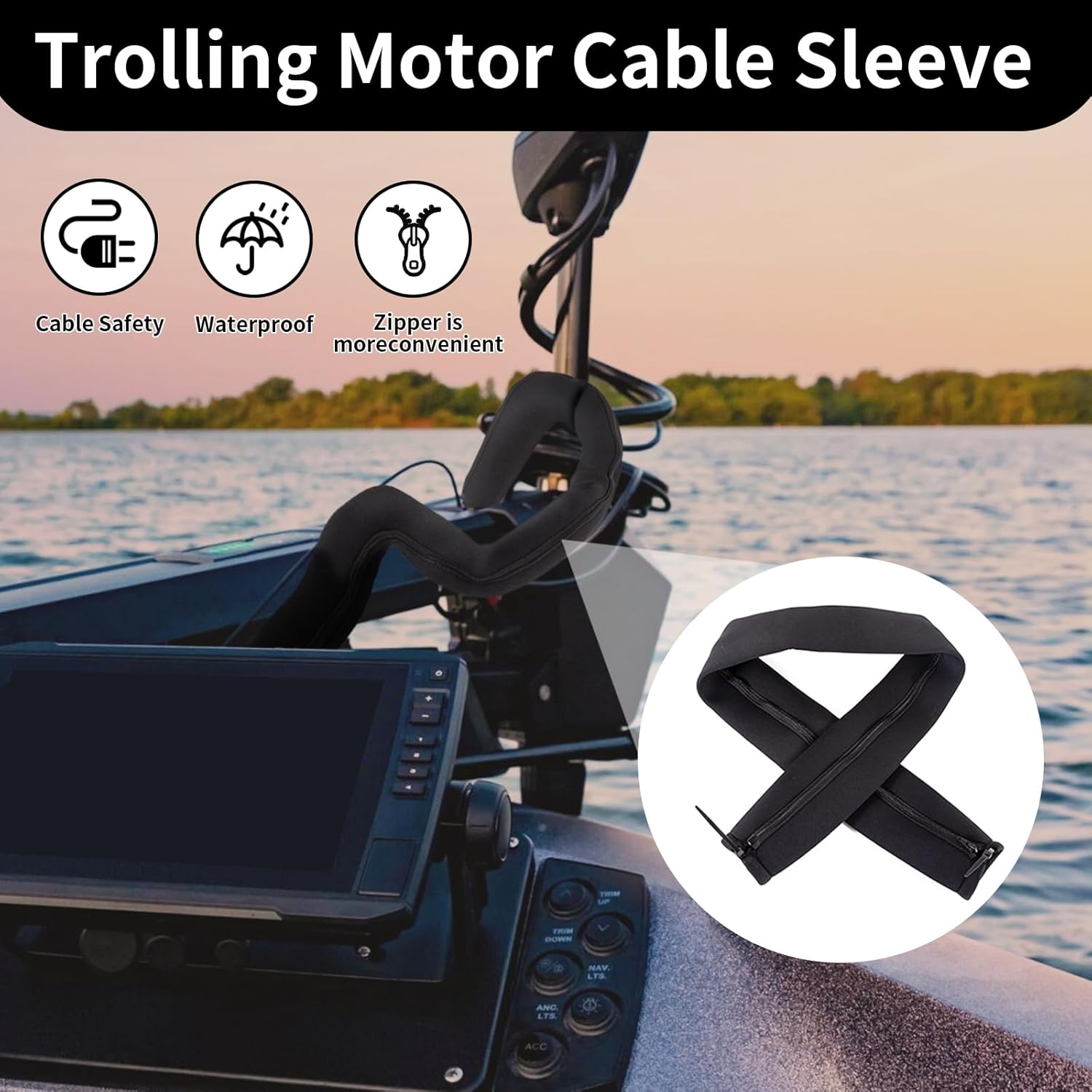 2PCS 48-Inch Trolling Motor Cable Sleeve,Zippered Rigging Sleeve,Made of Neoprene Thick Trolling Motor Sleeve,Great for Cover Wire and Extension Cords, Organized Cable Management (Black)