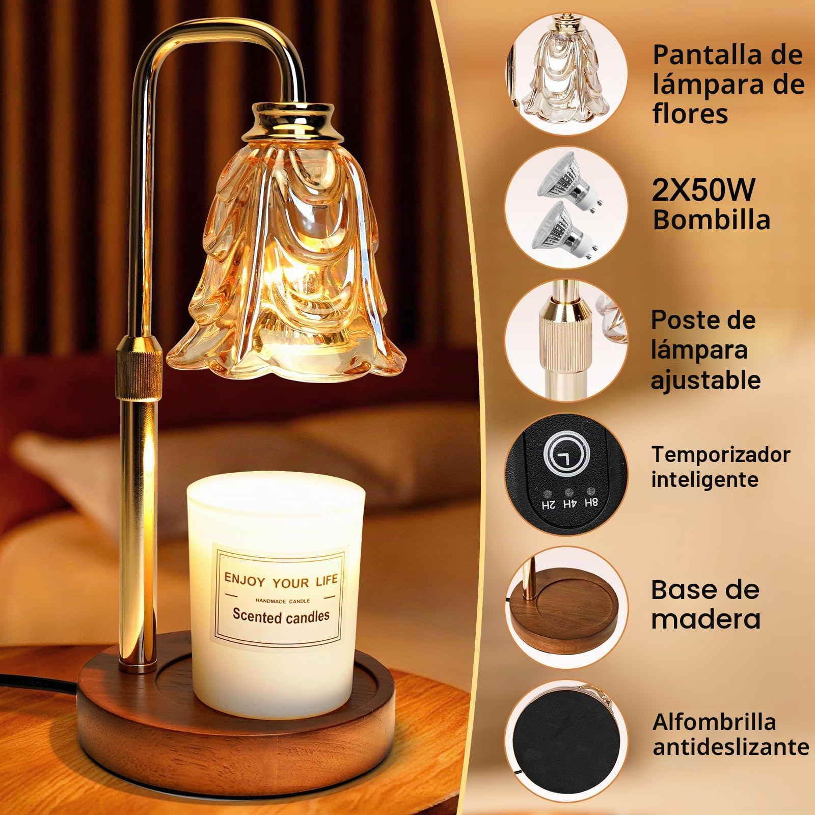 HOSSOM Candle Warmer Lamp Safe Flameless Lampara Vela Timer & Dimmer Calentador de Velas Altura ajustable para la relajación de la decoración de la oficina en el hogar