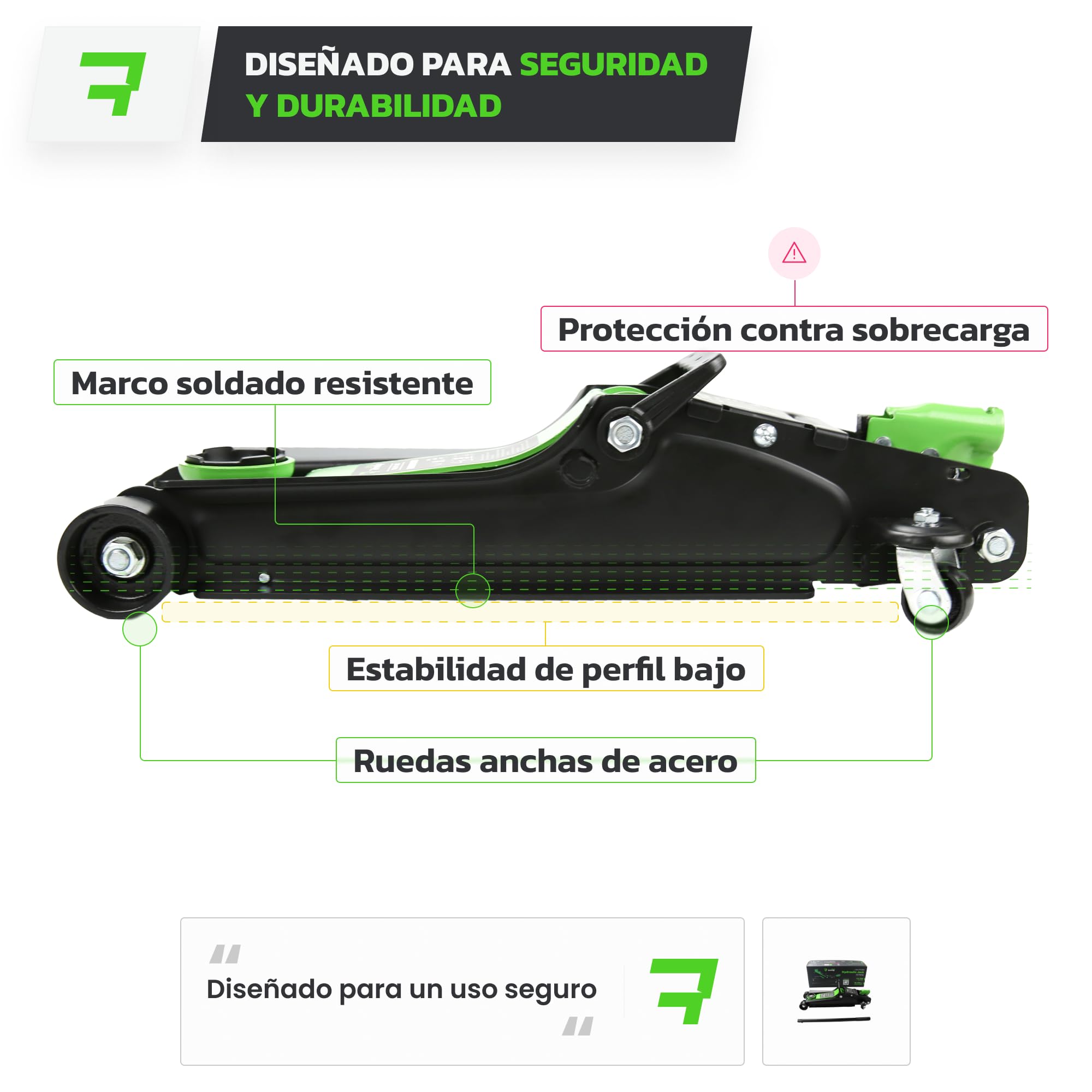 Gato hidraulico para Coche 2,5T. Gato Coche bajo Perfil Altura elevación 85-380mm con Almohadilla de Goma. Capacidad hasta 2500kg (Sin Maleta)