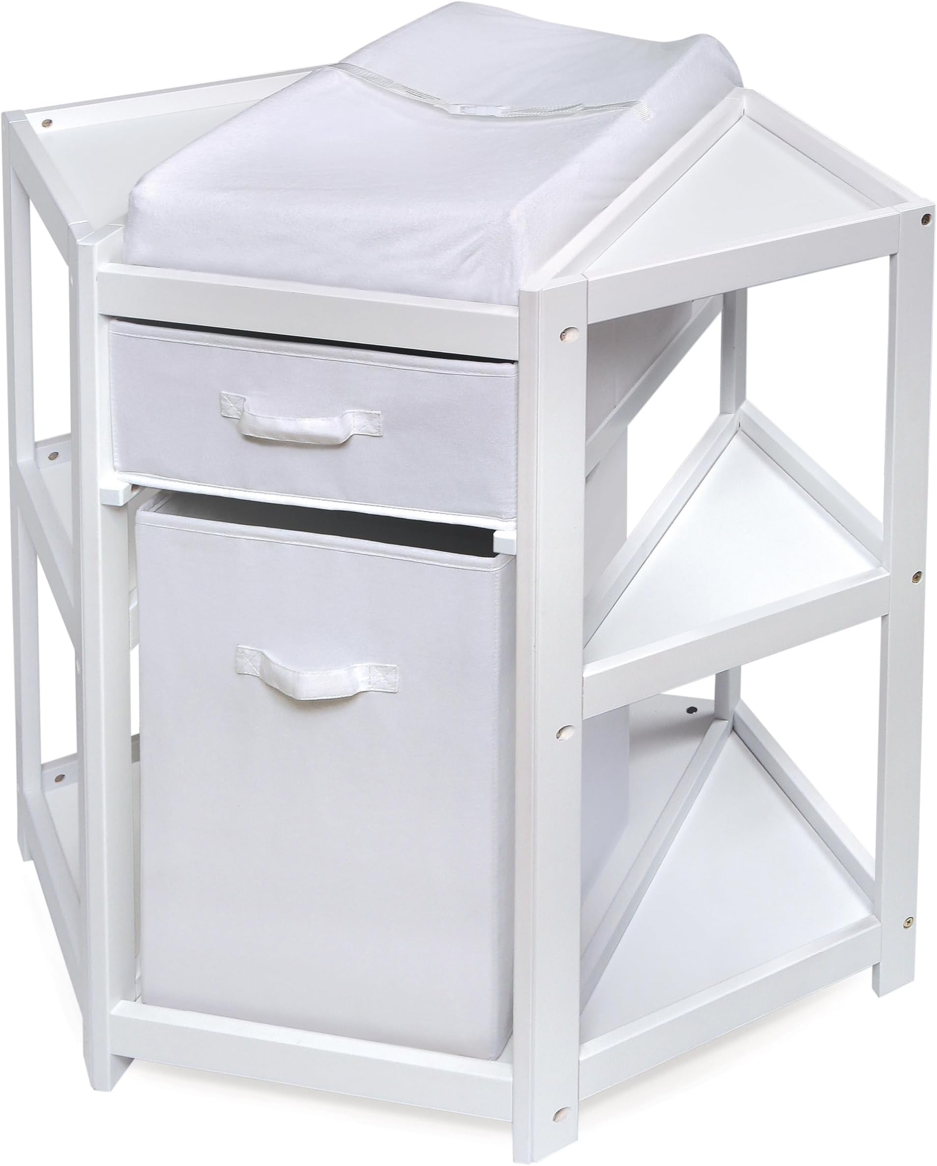 Corner Baby Changing Table - Space-Saving Diaper Changing Station for Nursery with Storage Bin, Changing Pad and Safety Belt - Organizer for Newborn and Infant Essentials - White