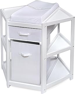 Badger Basket Corner Baby Changing Table - Space-Saving Diaper Changing Station for Nursery with Storage Bin, Changing Pad and Safety Belt - Organizer for Newborn and Infant Essentials - White