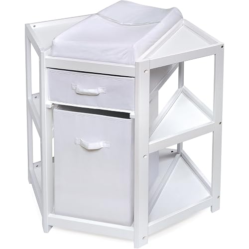Diaper Corner Baby Changing Table with Pad, Hamper and Basket | Corner changing table with pad, safety belt, hamper, storage bin & space-saving design for nursery organization.
