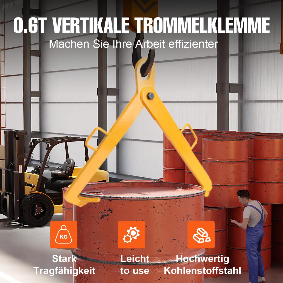 Fasskralle Kran Ölfass Hebezange Ölfass-Hebeklemme Fassheber Faßkralle Fassgreifer Fasswender Legierter Stahl Fasshebekralle Greifarm Heber Kralle vertikal 600kg Gelb