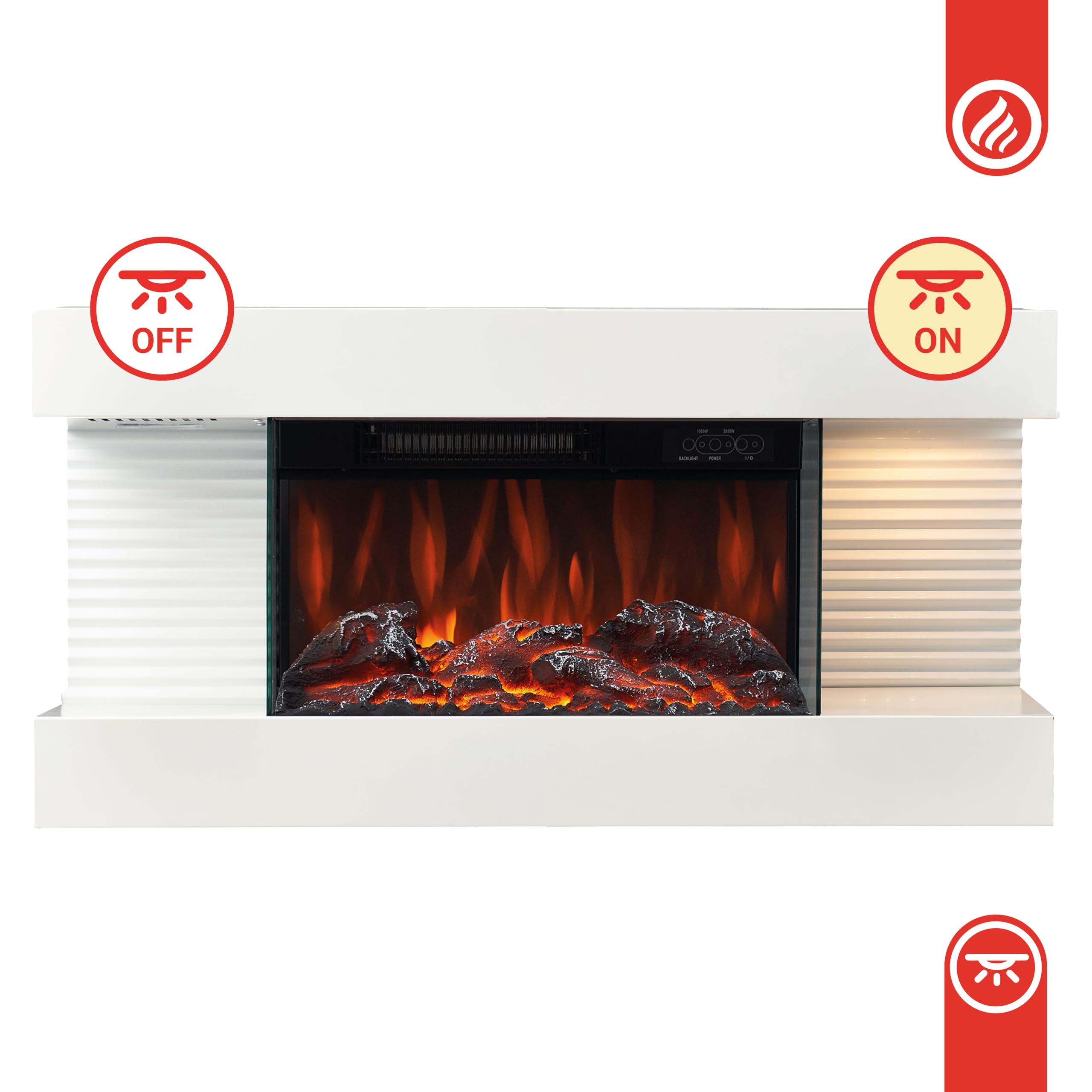 KAMINIO Eléctrica Chimenea Liz - Chimenea eléctrica de Pared con calefacción, Efecto de Llama 3D, Luz Ambiental LED, Control Remoto (Blanco)