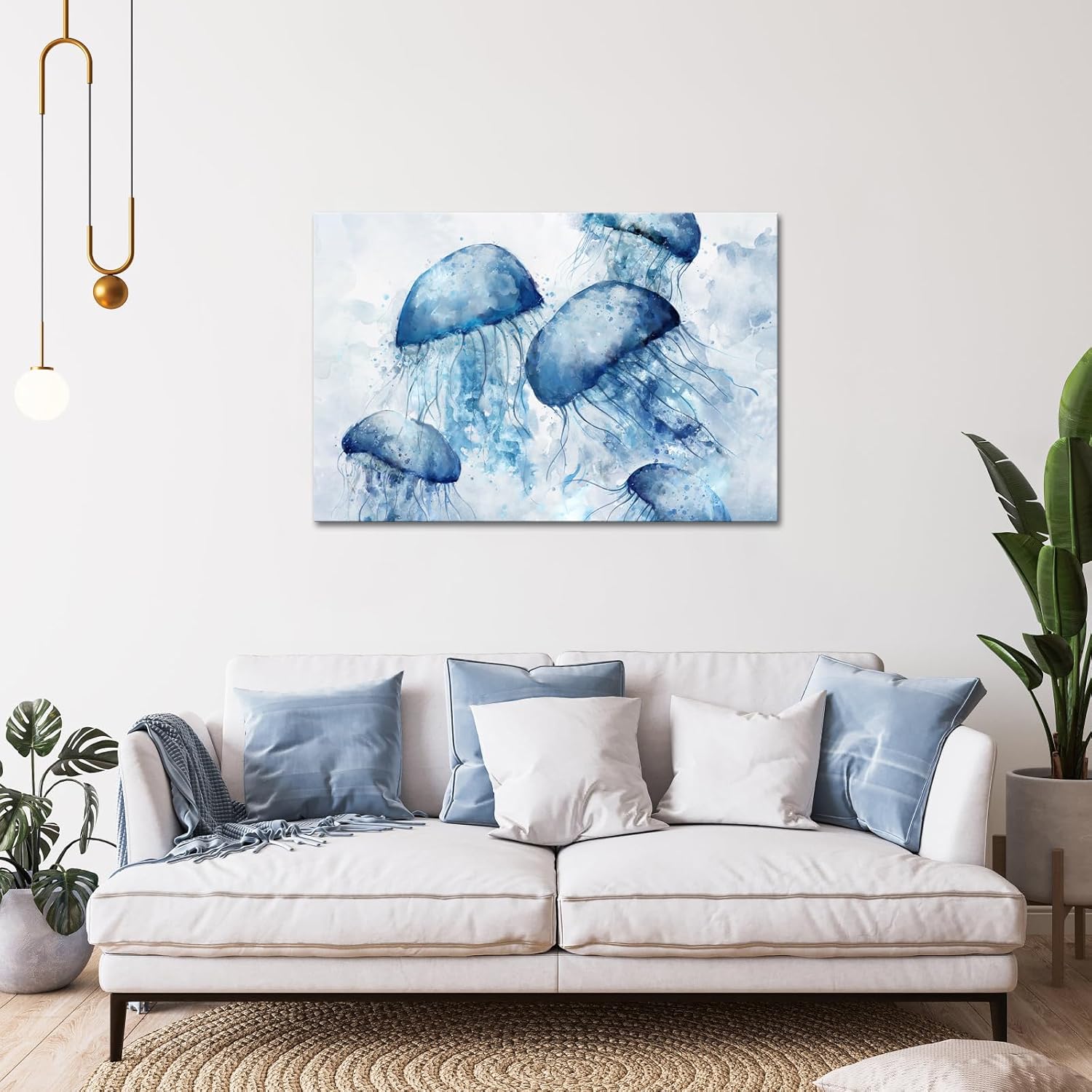 sechars Sea Animal Wall Art Watercolor Jellyfish Painting Canvas Prints Marine Life Pictures Living Room Bedroom Bathroom Navy Blue Decor (Blue, Large)