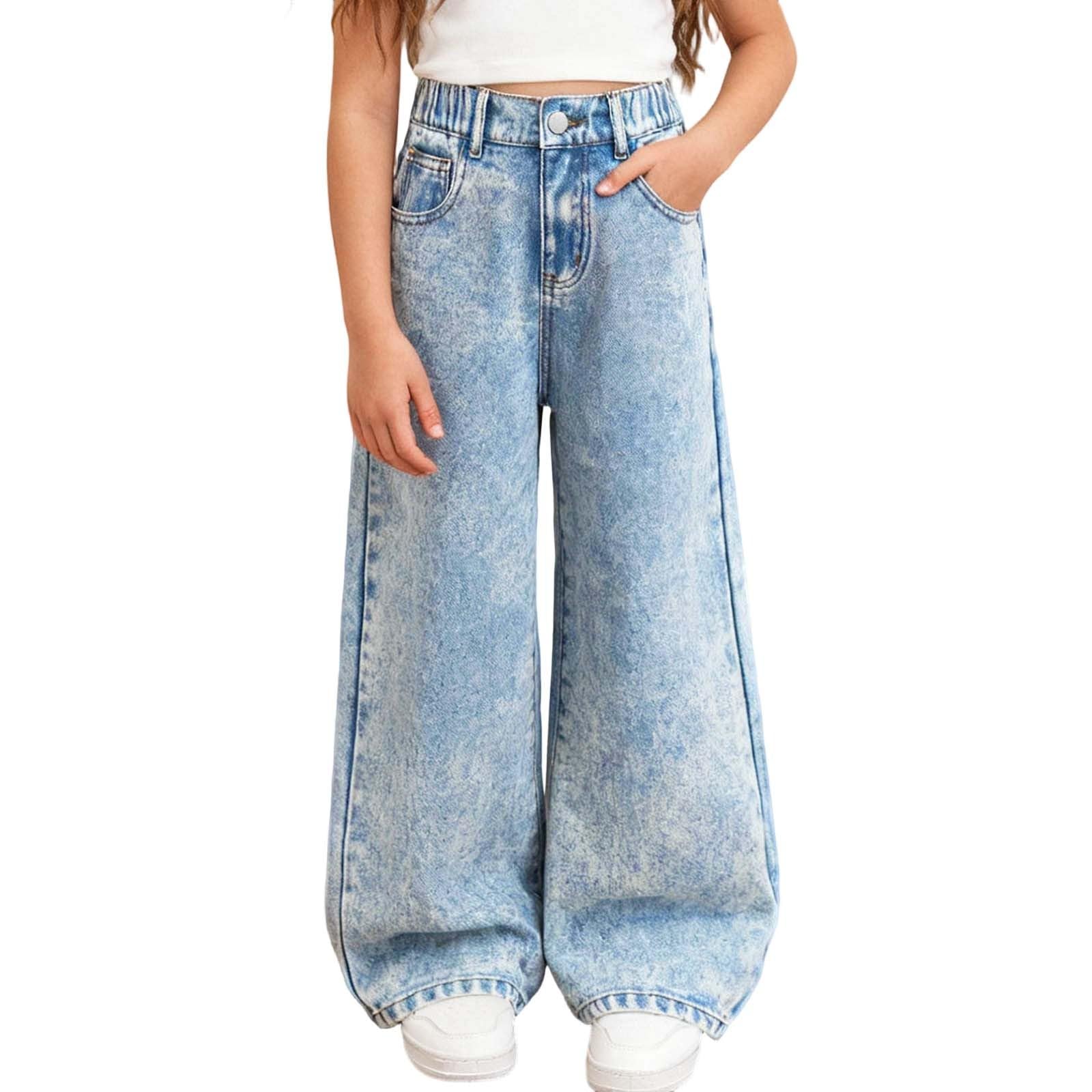 Girl Jeans Weites Bein Jeanshose Kinder Teenager Kinder High Waist Weite Bein Trend Jeanhosen Hose Muster mit Taschen Outdoorhose Jahreszeitliche Jeans für Schüler Schul Outfits