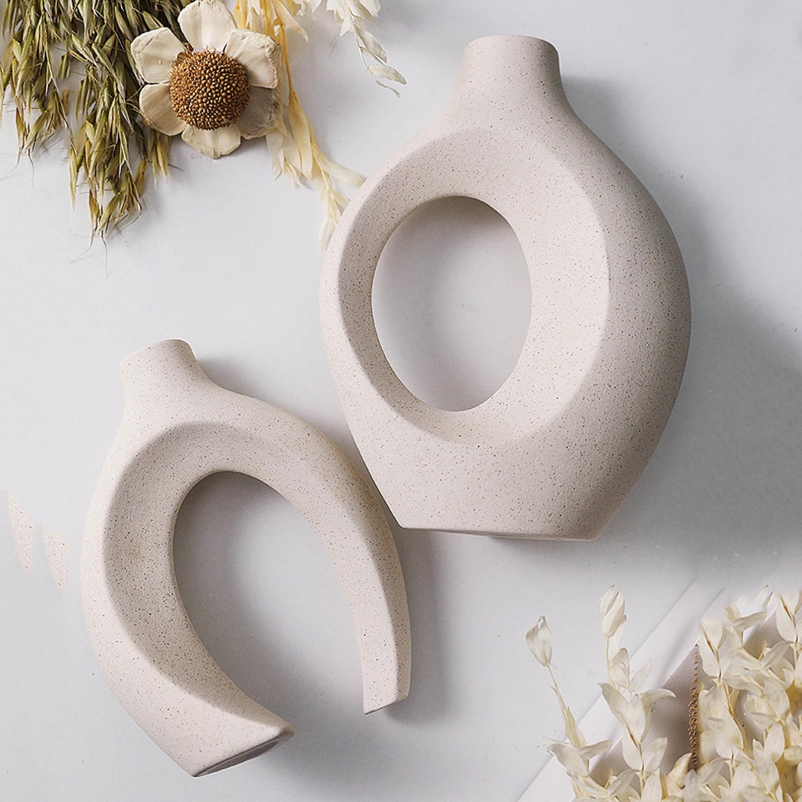 Vase Mit Loch Weiss Boho Ideal, 2er Set Keramik Vase Weiß Matt, Keramik Vase Für Pampasgras, Zur Aufbewahrung von Trockenblumen für die Heimdekoration
