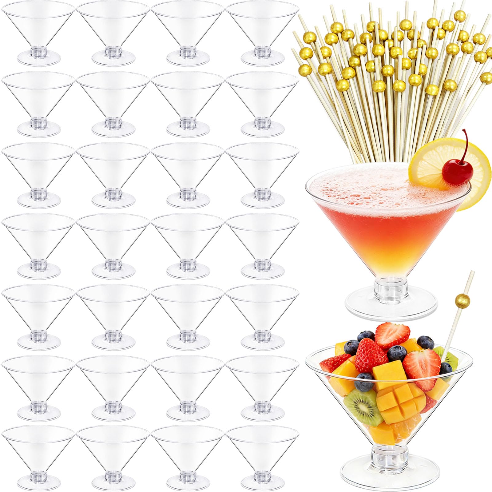 120 Pcs Plastic Martini Glasses,60 Pcs 5 oz Disposable Cocktail Cups with 60 Pcs Cocktail Sticks Bundle,Clear Short Stem Wine Shot Glasses for Party