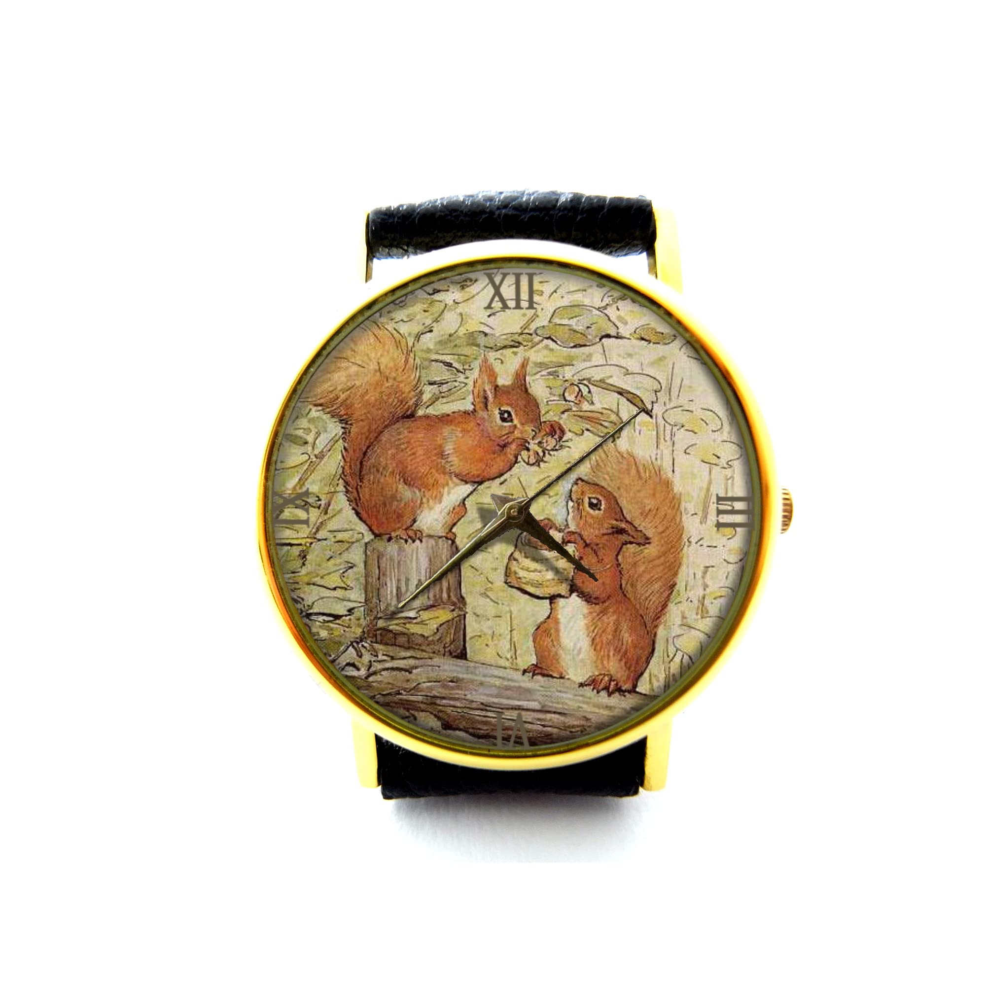 Tale of Squirrel Nutkin Art Leather Watch, Squirrel Ladies Watch, Unisex Watch, Squirrel Jewelry P343