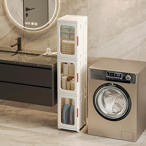 Miniatura 5 de Armario de almacenamiento estrecho con puertas y estantes, armario de cocina alto y delgado con estante ajustable, organizador de papel higiénico,