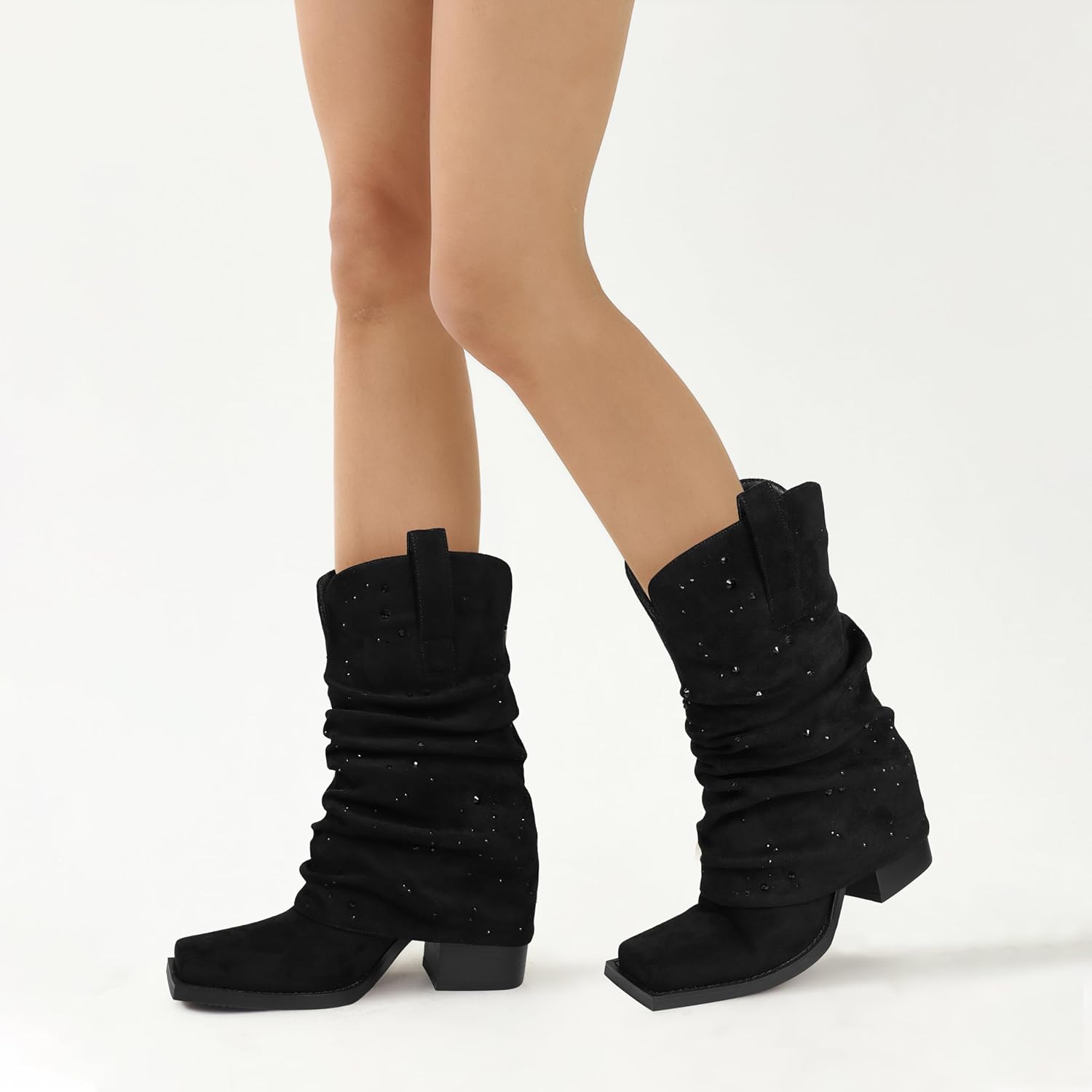 Cowboy Boots for Women Cowgirl Mid Calf Square Toe Fold Over Chunky... - Picture 44 of 56