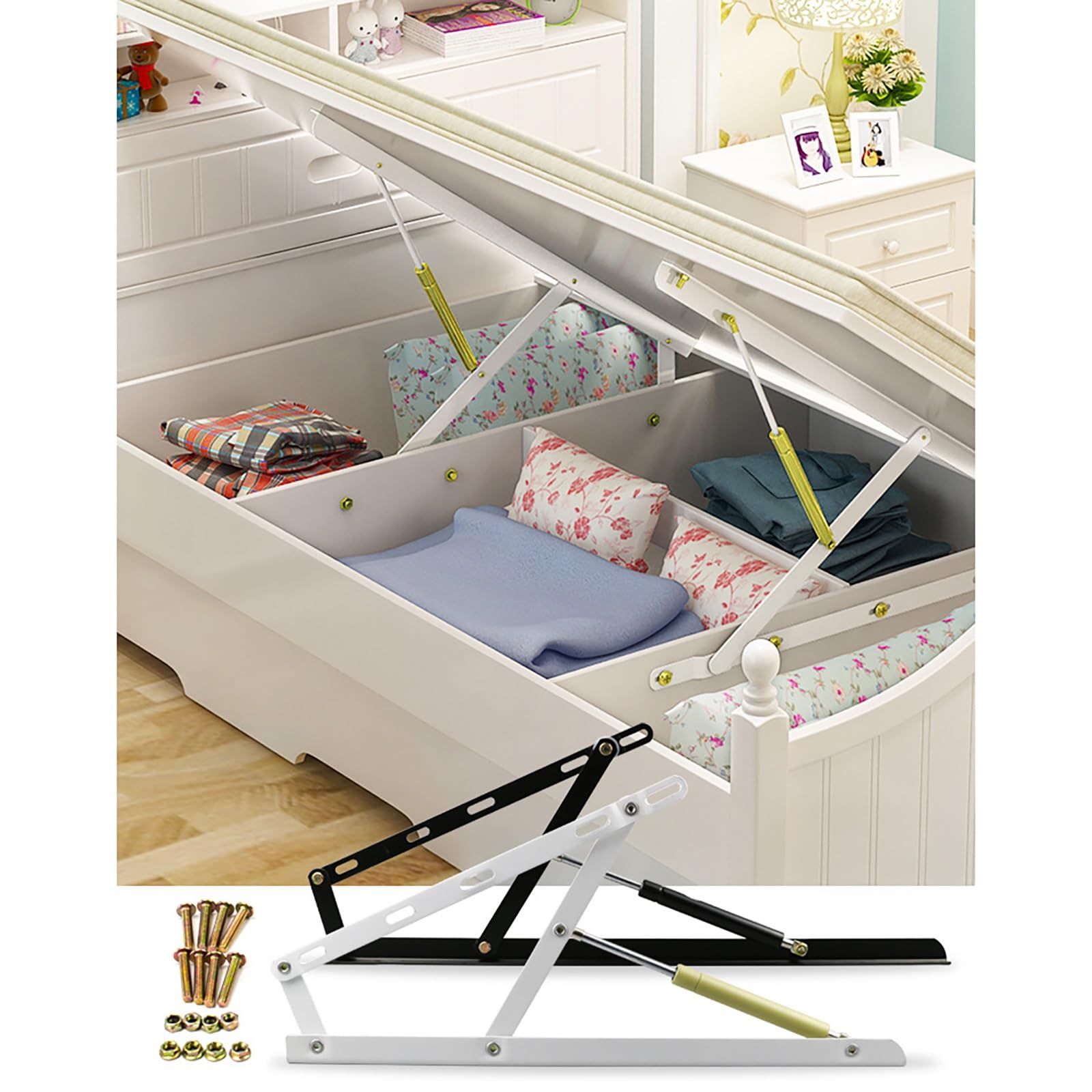 Mecanismo de elevación hidráulico neumático de cama con soporte de amortiguador de gas de 60 cm, elevador de gas para almacenamiento de cama, kit de elevación de armario (blanco, 23.6 pulgadas)