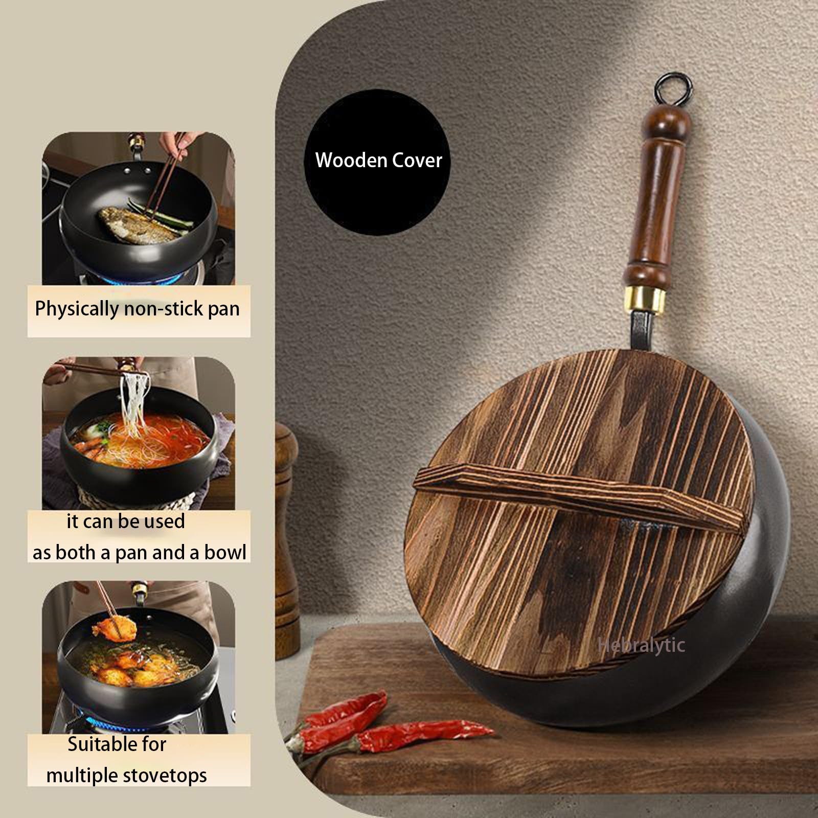 Unbeschichteter, Dickwandiger Gusseisentopf, Japanische Runde Gusseisenpfanne, Handgeschmiedete Antihaft-Bratpfanne, Hochreine Bratpfannen(Wooden lid,24cm)