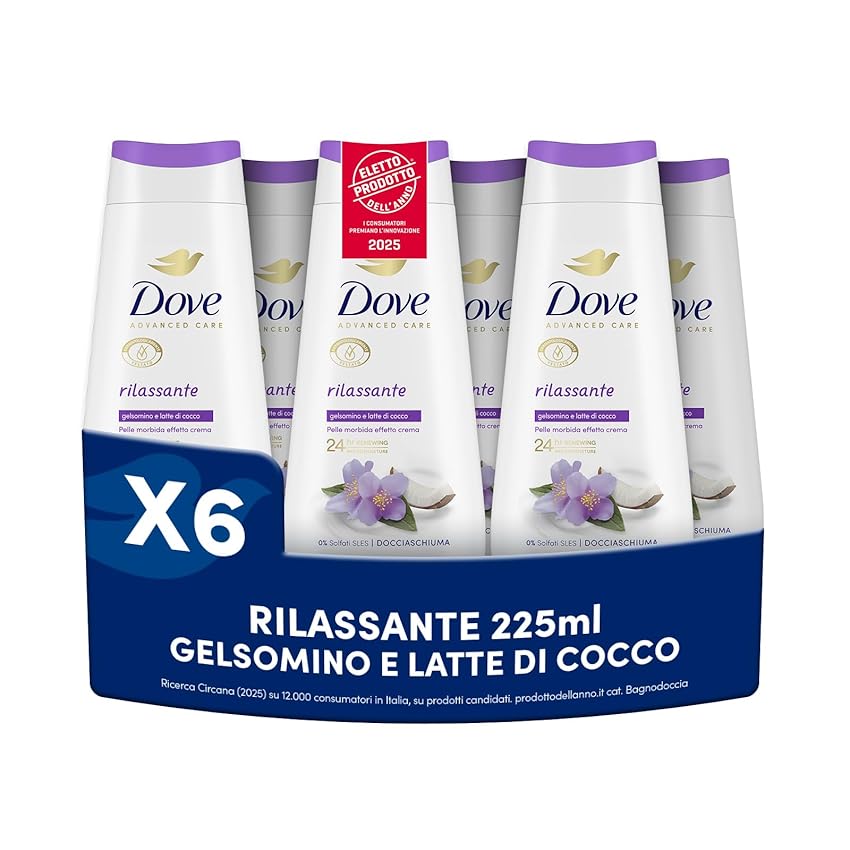 Dove Bagnoschiuma Rilassante, Bagnodoccia Idratante, Formula Delicata sul Microbioma della Pelle, con Agenti Idratanti Vegetali, Senza Solfati SLES, Bagnodoccia Uomo e Donna, 6 Pezzi da 225 ml
