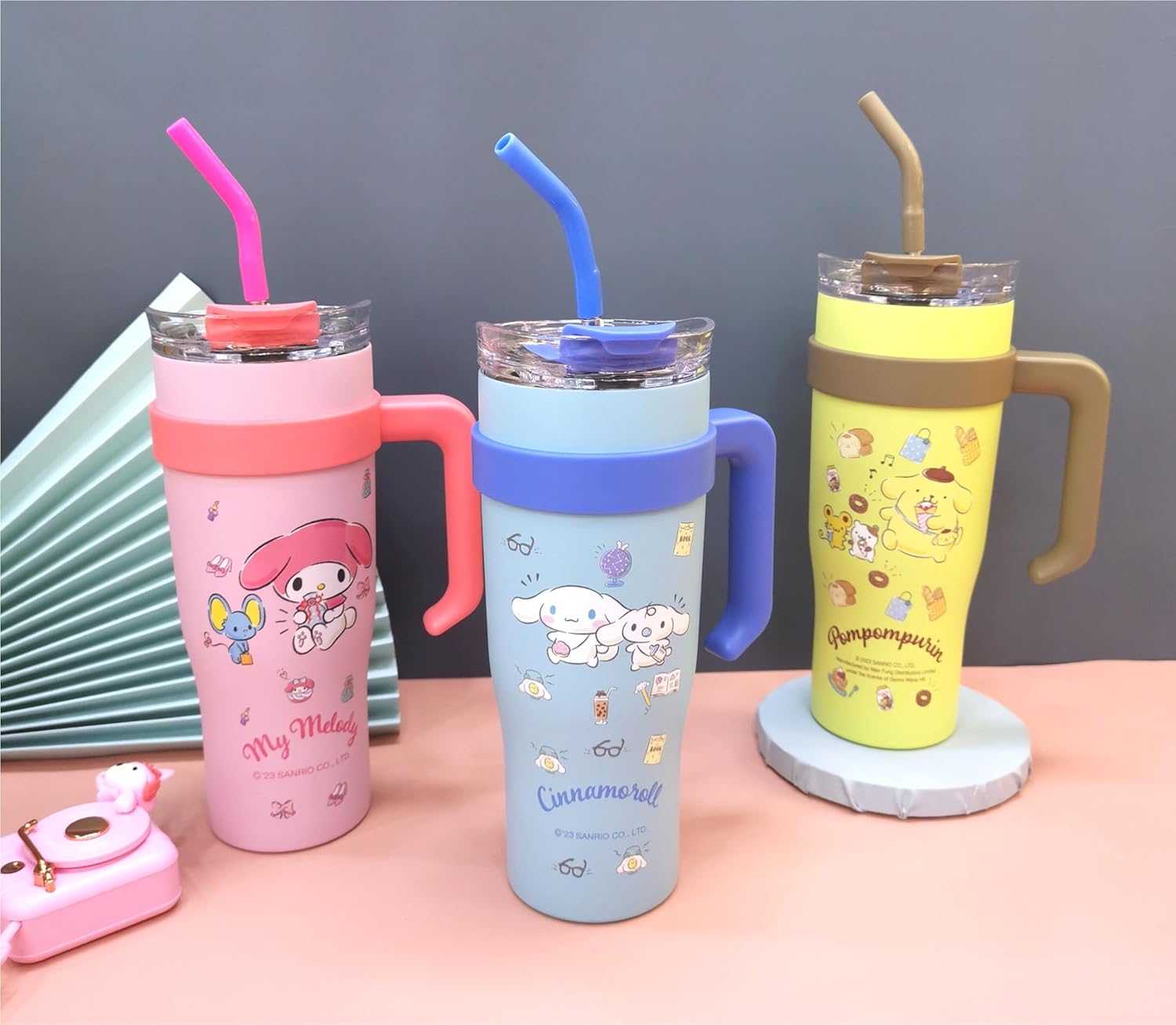 Pom Pom Purin Mouse Hamster Stainless Steel Insulated Tumbler with Lid, Straw & Handle 1200ml - XL Size, Yellow